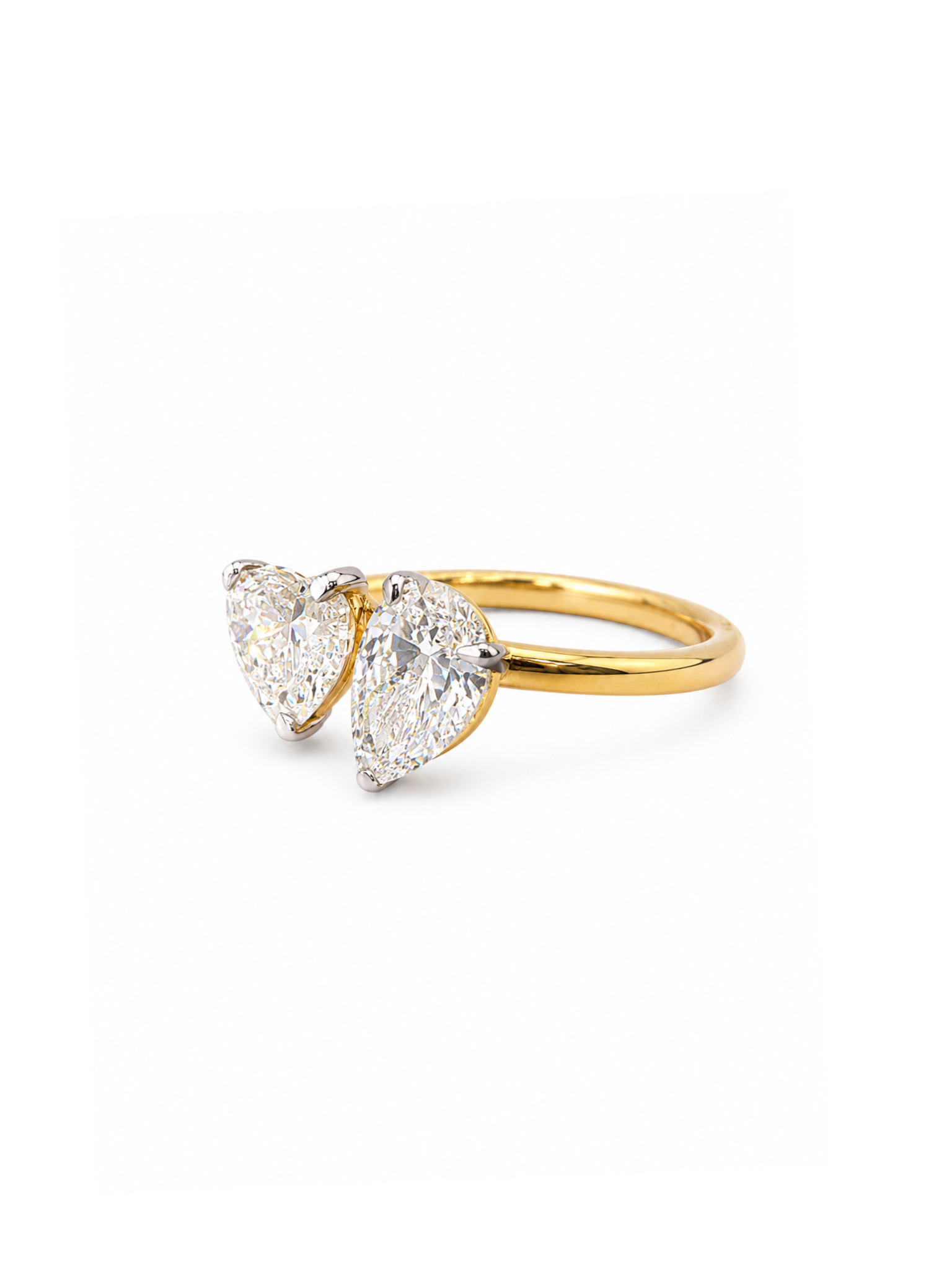 Close-up of Caden Lune Heart & Pear Lab Diamond Toi Et Moi Ring set in 18K Yellow Gold by Fiona Diamonds