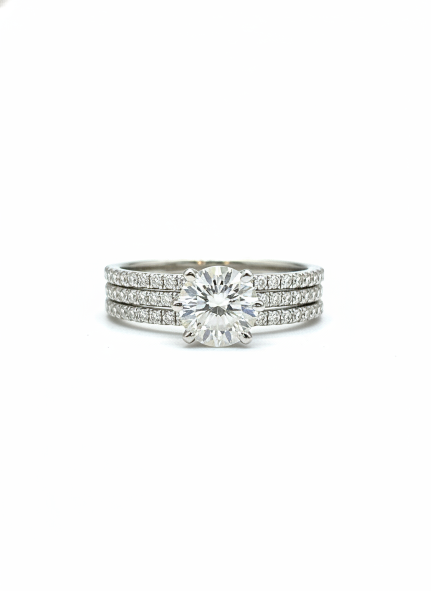 Tavion Crest Round Lab Diamond Side Stone Solitaire Ring in 18K White Gold by Fiona Diamonds