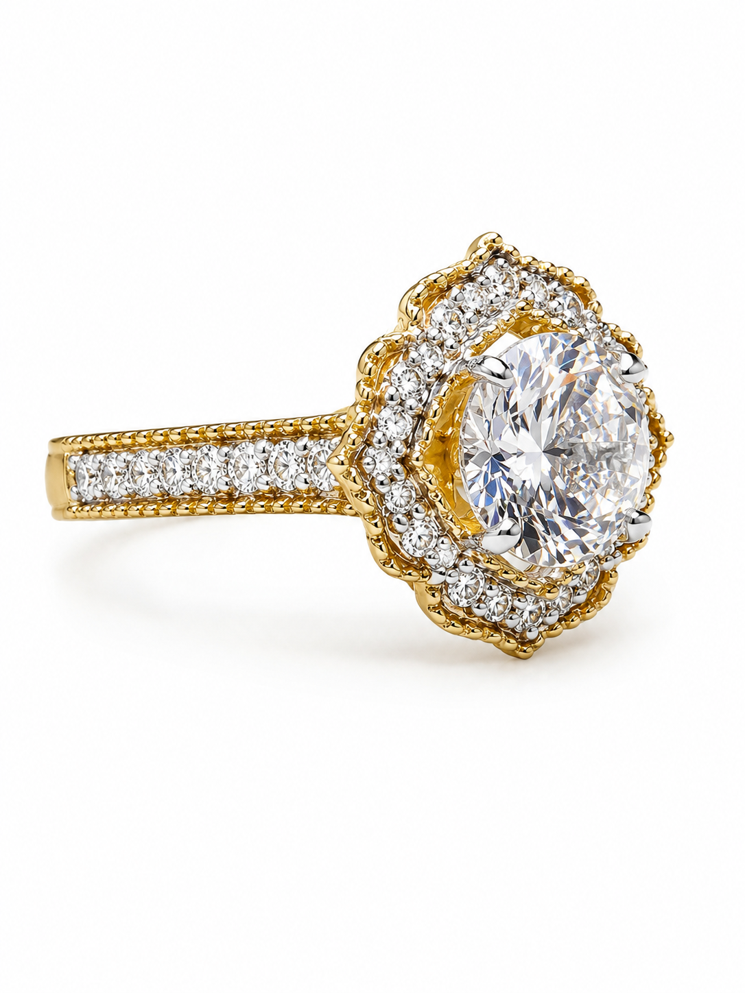 Close-up of Myrath Glow Round Lab Diamond Halo Ring set in 18K Yellow Gold by Fiona Diamonds
