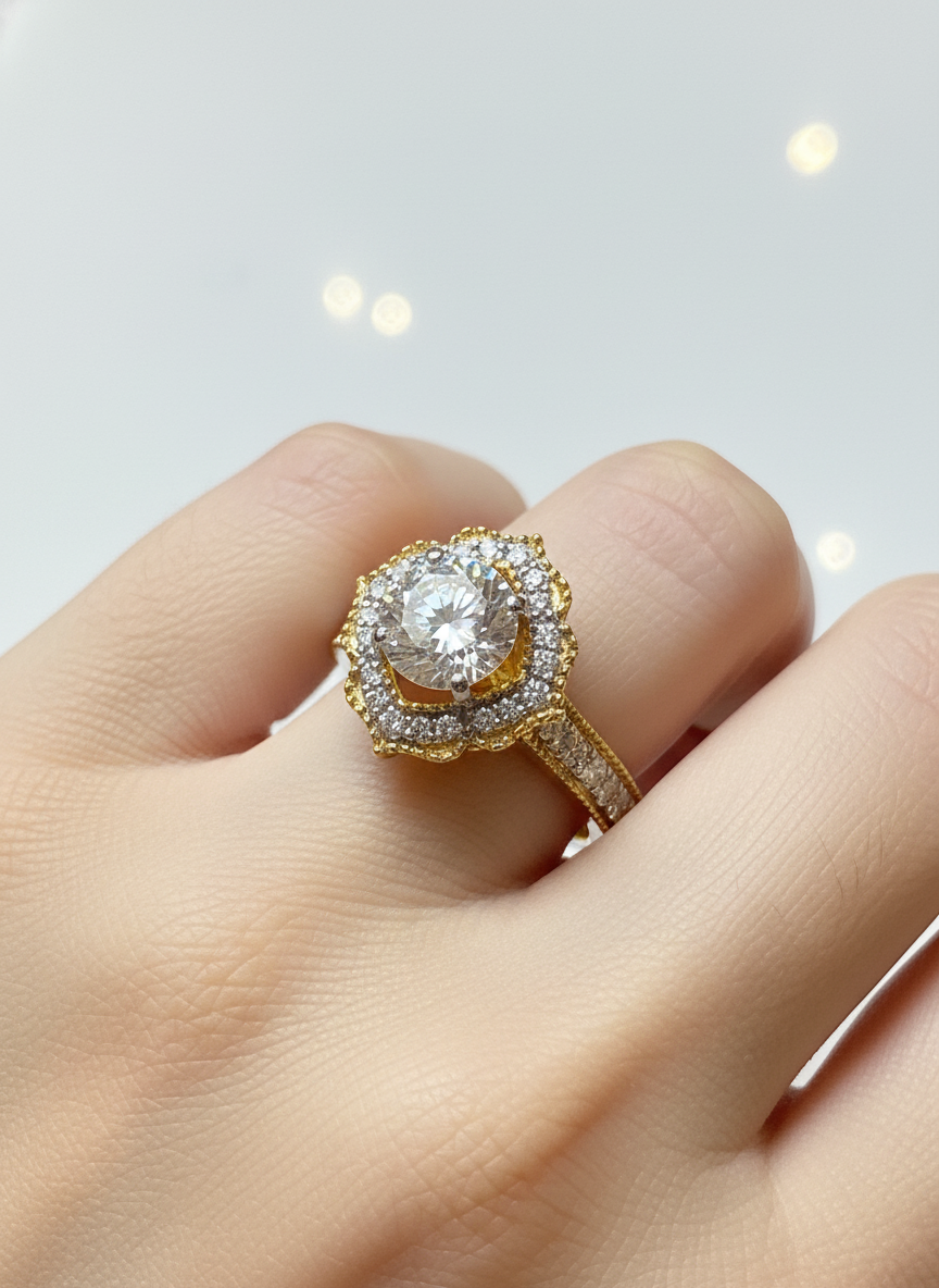 Side view of Myrath Glow Round Lab Diamond Halo Ring in 18K Yellow Gold - Fiona Diamonds