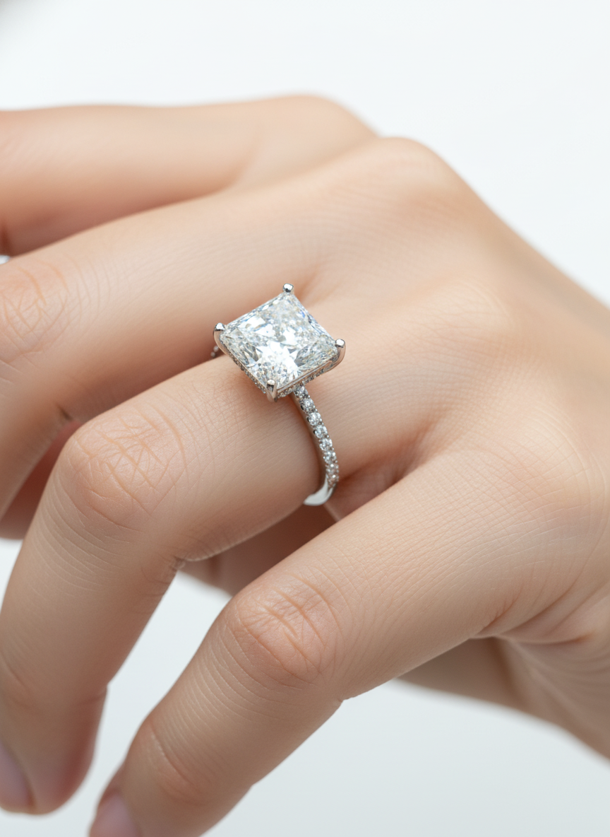 Side view of Mirage Flare Round Lab Diamond Side Stone Solitaire Ring in 18K White Gold  Fiona Diamonds
