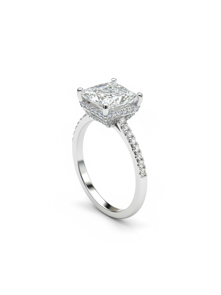 Close-up of Mirage Flare Round Lab Diamond Side Stone Solitaire Ring set in 18K White Gold by Fiona Diamonds