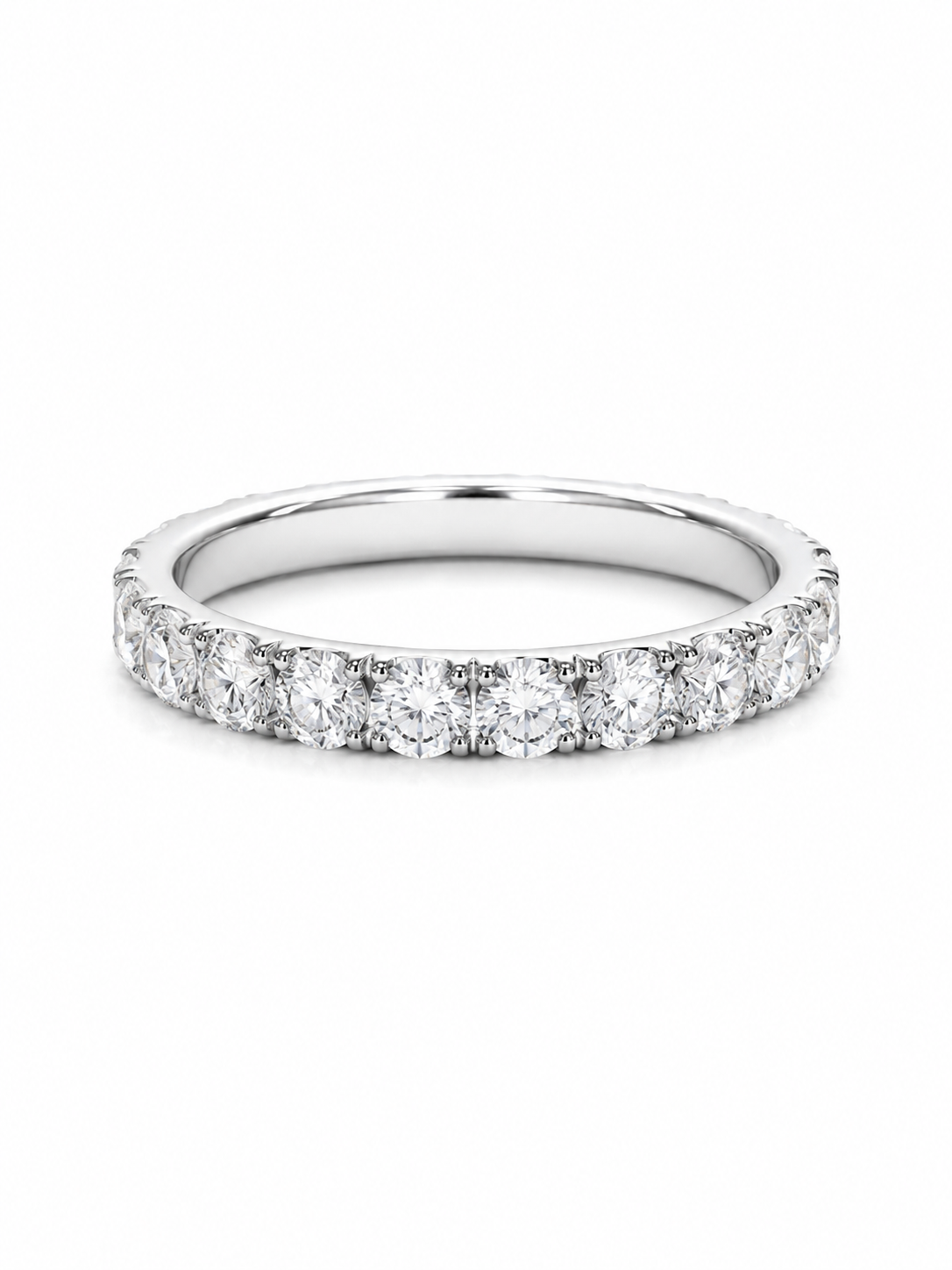 Close-up of Ashlyn Flare Round Lab Diamond Eternity Ring set in 18K White Gold by Fiona Diamonds
