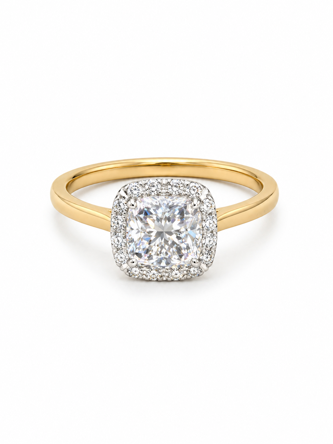 Kestrel Dawn Cushion Lab Diamond Halo Ring in 18K Yellow Gold by Fiona Diamonds