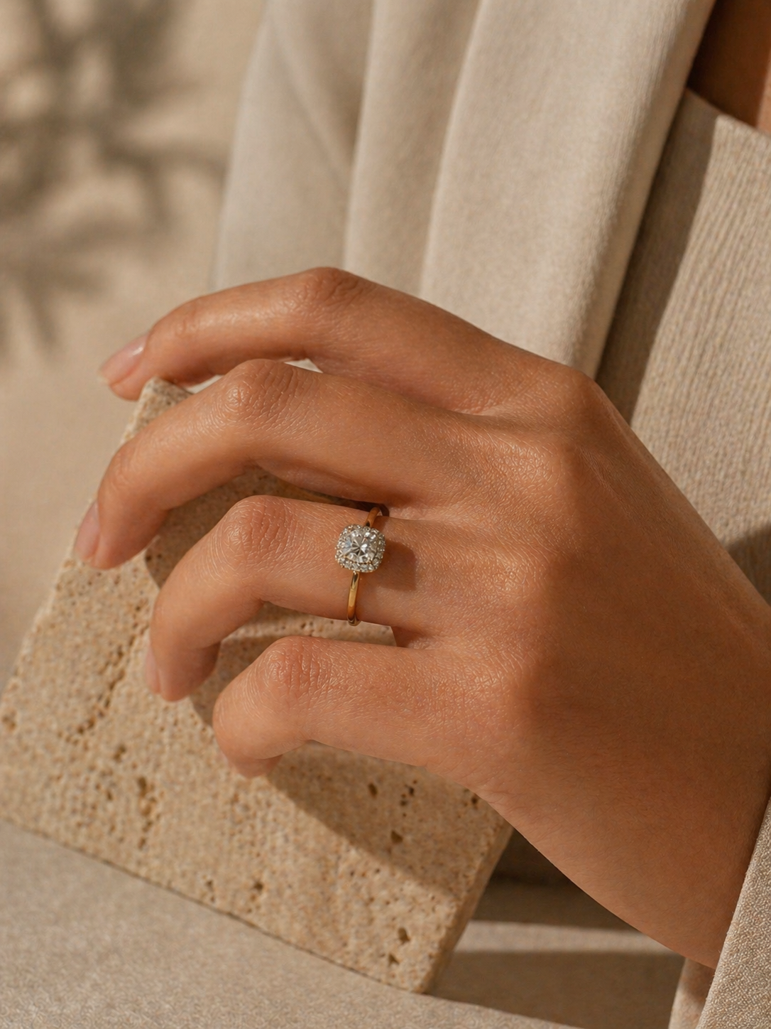 Side view of Kestrel Dawn Cushion Lab Diamond Halo Ring in 18K Yellow Gold - Fiona Diamonds