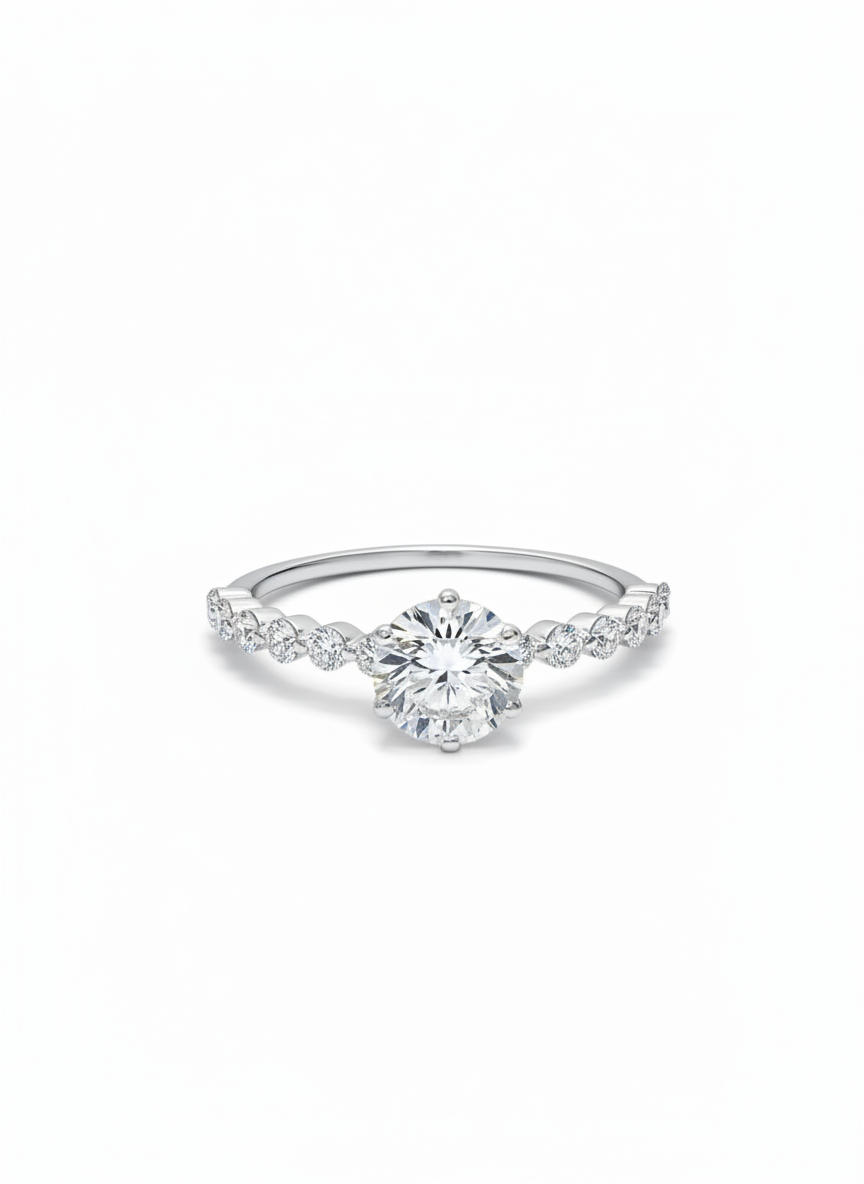 Avyrel Band Round Lab Diamond Side Stone Solitaire Ring in 18K White Gold by Fiona Diamonds