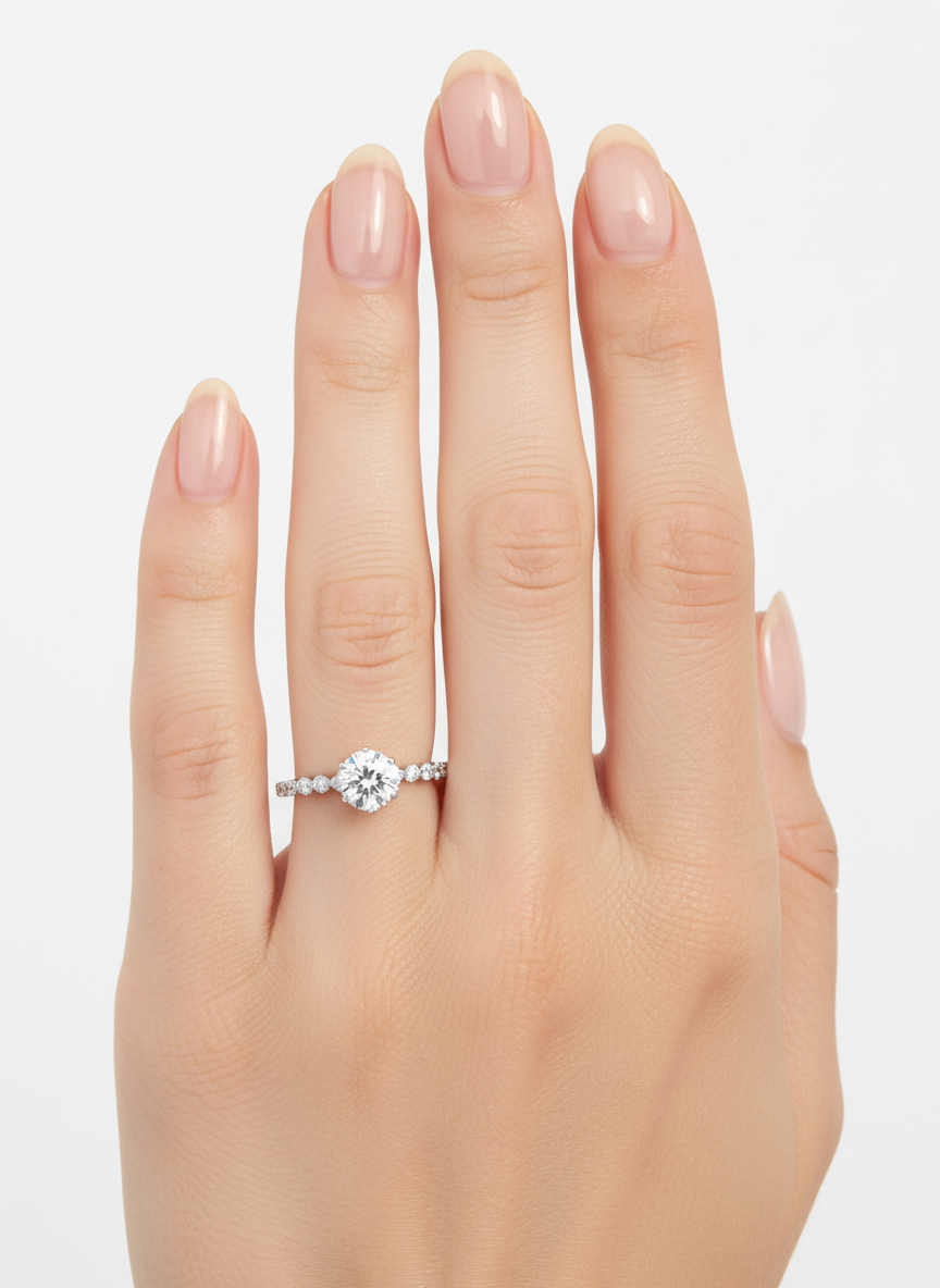 Close-up of Avyrel Band Round Lab Diamond Side Stone Solitaire Ring set in 18K White Gold by Fiona Diamonds