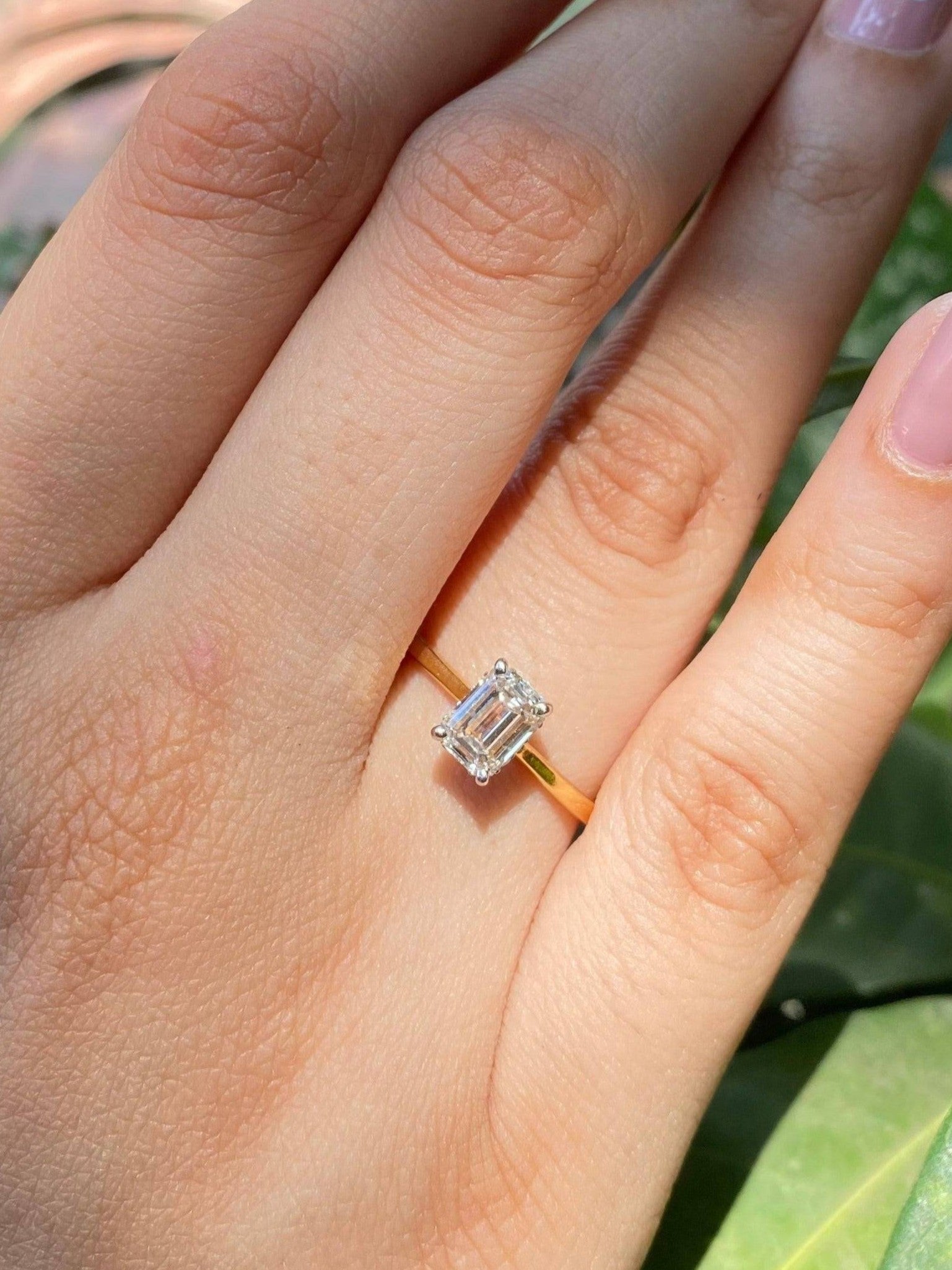 Close-up of Aurora 1.04ct Emerald Lab Diamond Classic Solitaire Ring set in 18K Yellow Gold by Fiona Diamonds