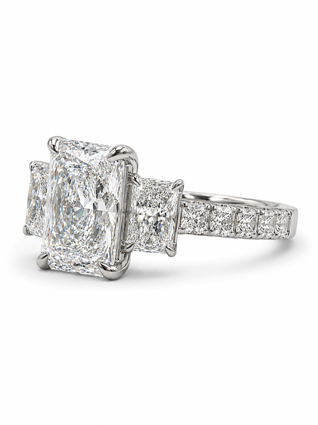 Close-up of Zaren Drift Radiant Lab Diamond Three Stone Ring set in 18K White Gold by Fiona Diamonds