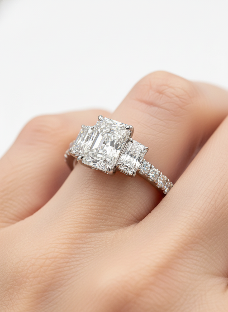 Side view of Zaren Drift Radiant Lab Diamond Three Stone Ring in 18K White Gold - Fiona Diamonds