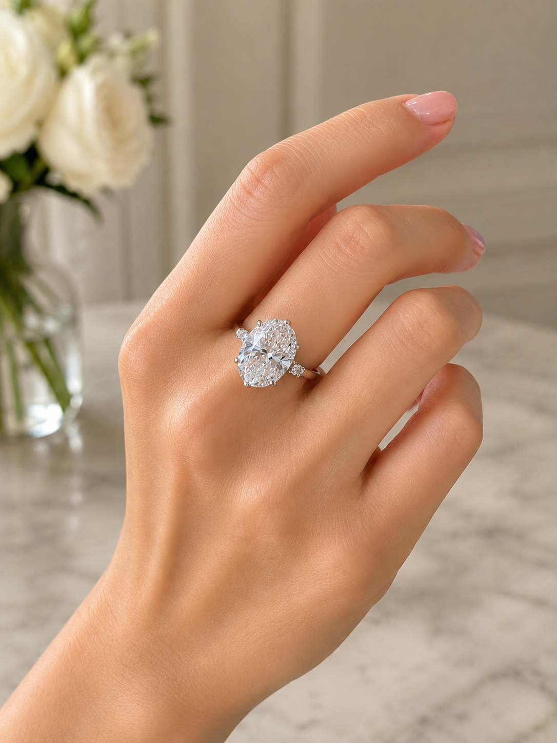 Close-up of Briar Crown Oval Lab Diamond Side Stone Solitaire Ring set in 18K White Gold by Fiona Diamonds
