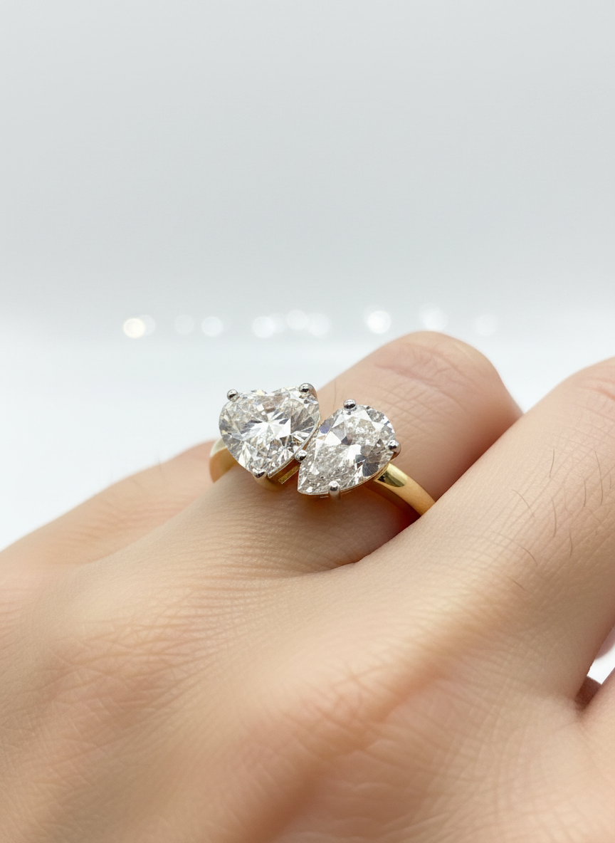 Side view of Ryvyn Drift Heart & Pear Lab Diamond Toi Et Moi Ring in 18K Yellow Gold - Fiona Diamonds
