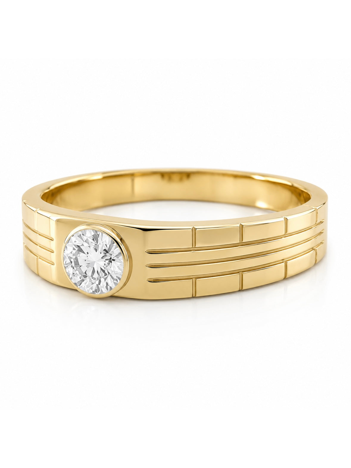 Close-up of Tavryn Lune Round Lab Diamond Classic Solitaire Ring set in 14K Yellow Gold by Fiona Diamonds