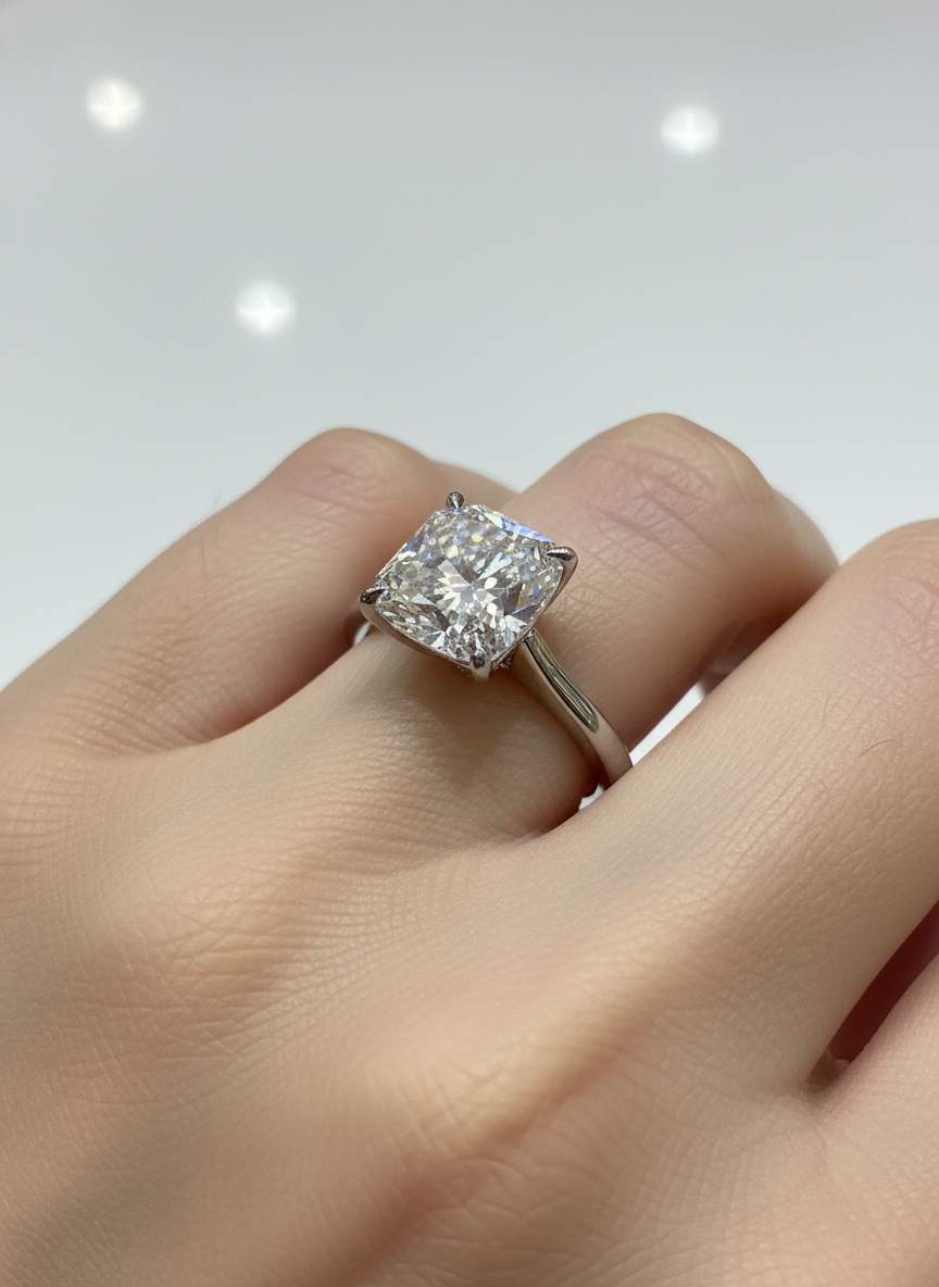 Side profile of Xaelith Glow Cushion Lab Diamond Classic Solitaire Ring in 18K White Gold Fiona Diamonds