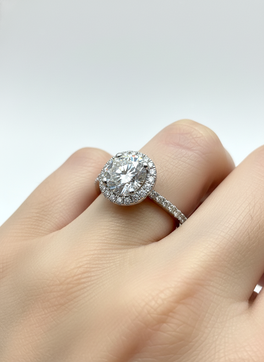 Side view of Yavryn Lore Round Lab Diamond Halo Ring in 18K White Gold - Fiona Diamonds