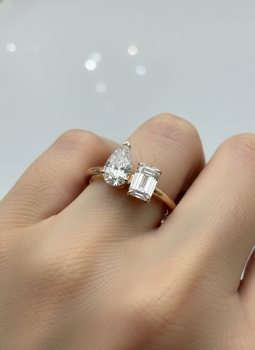Side view of Zaelith Veil Pear & Emerald Lab Diamond Toi Et Moi Ring in 18K Rose Gold - Fiona Diamonds