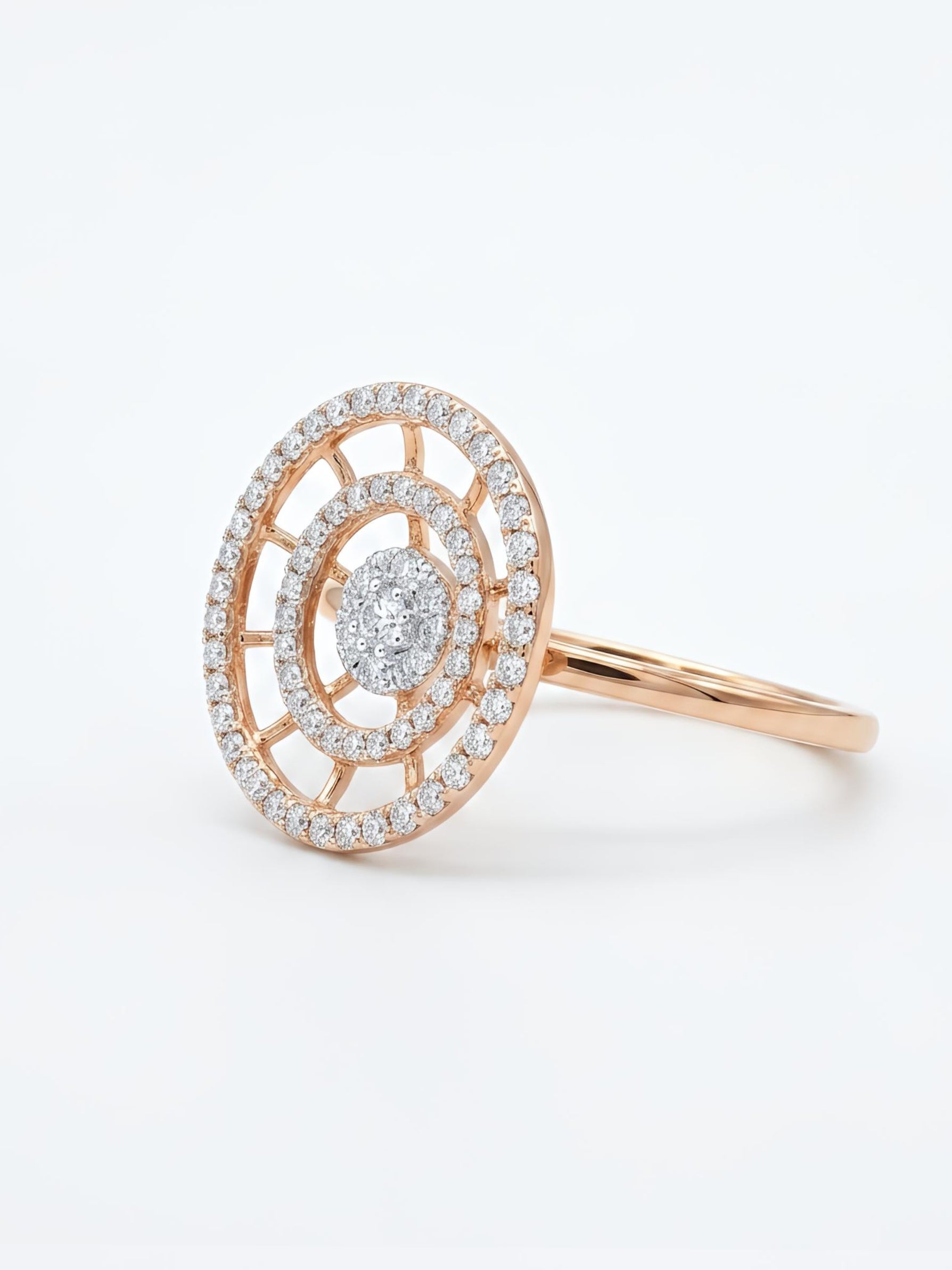 Close -up of Kellan Veil Round Lab Diamond Designer Ring set in 14K Rose Gold by Fiona Diamonds