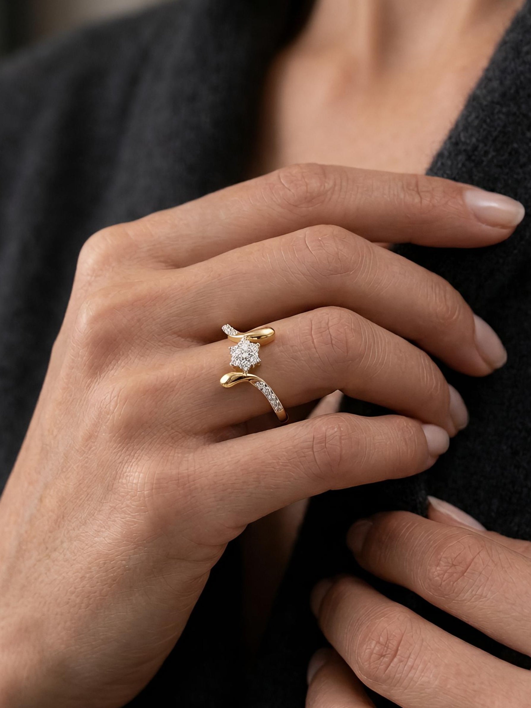 Side view of Quenby Lune Round Lab Diamond Designer Ring in 14K Yellow Gold - Fiona Diamonds
