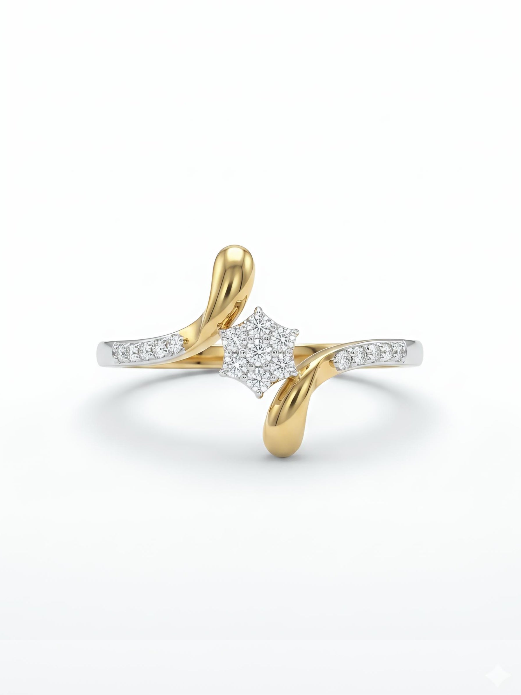 Close -up of Quenby Lune Round Lab Diamond Designer Ring set in 14K Yellow Gold by Fiona Diamonds