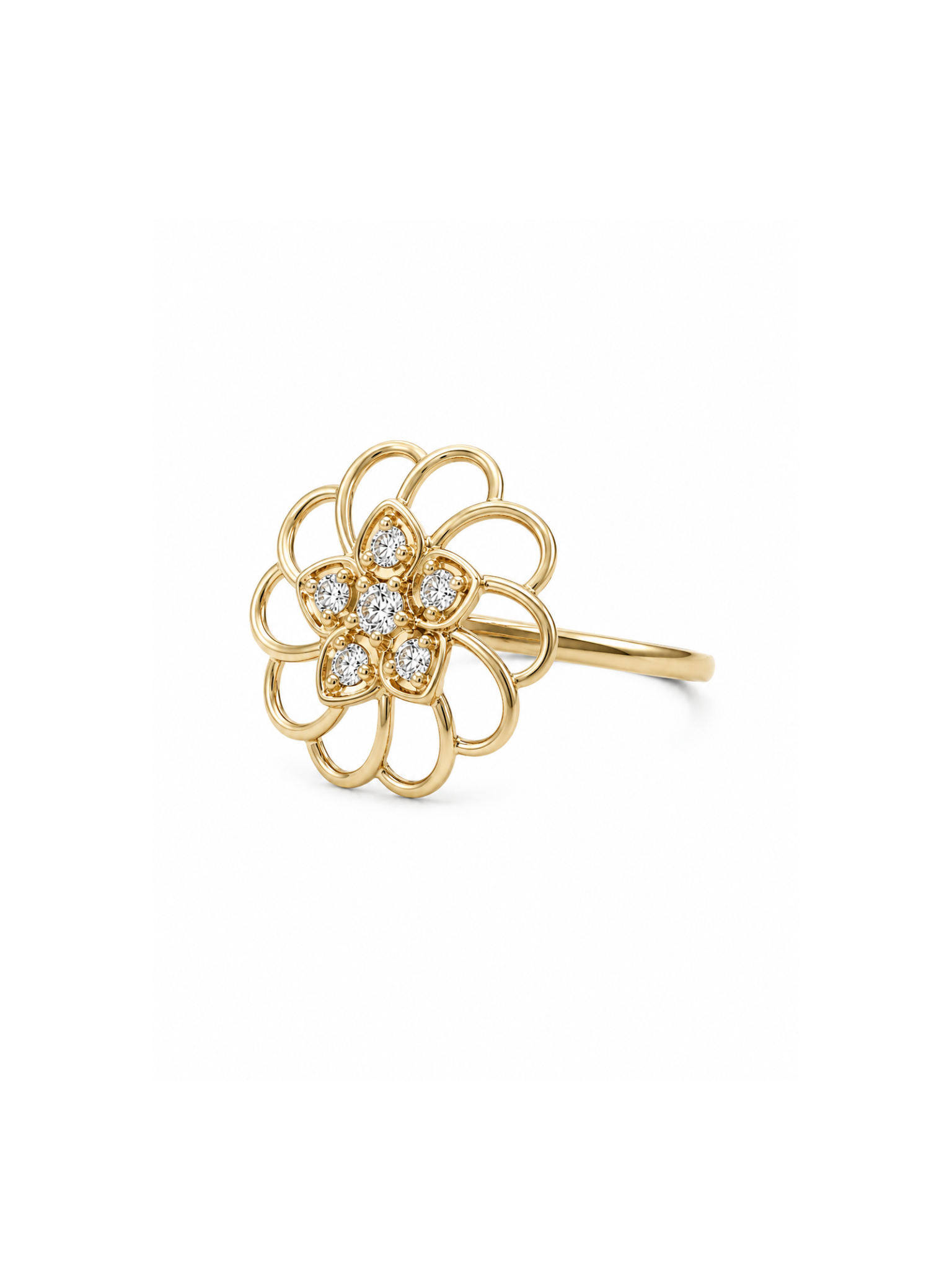 Close -up of Riven Mist Round Lab Diamond Designer Ring set in 14K Yellow Gold by Fiona Diamonds