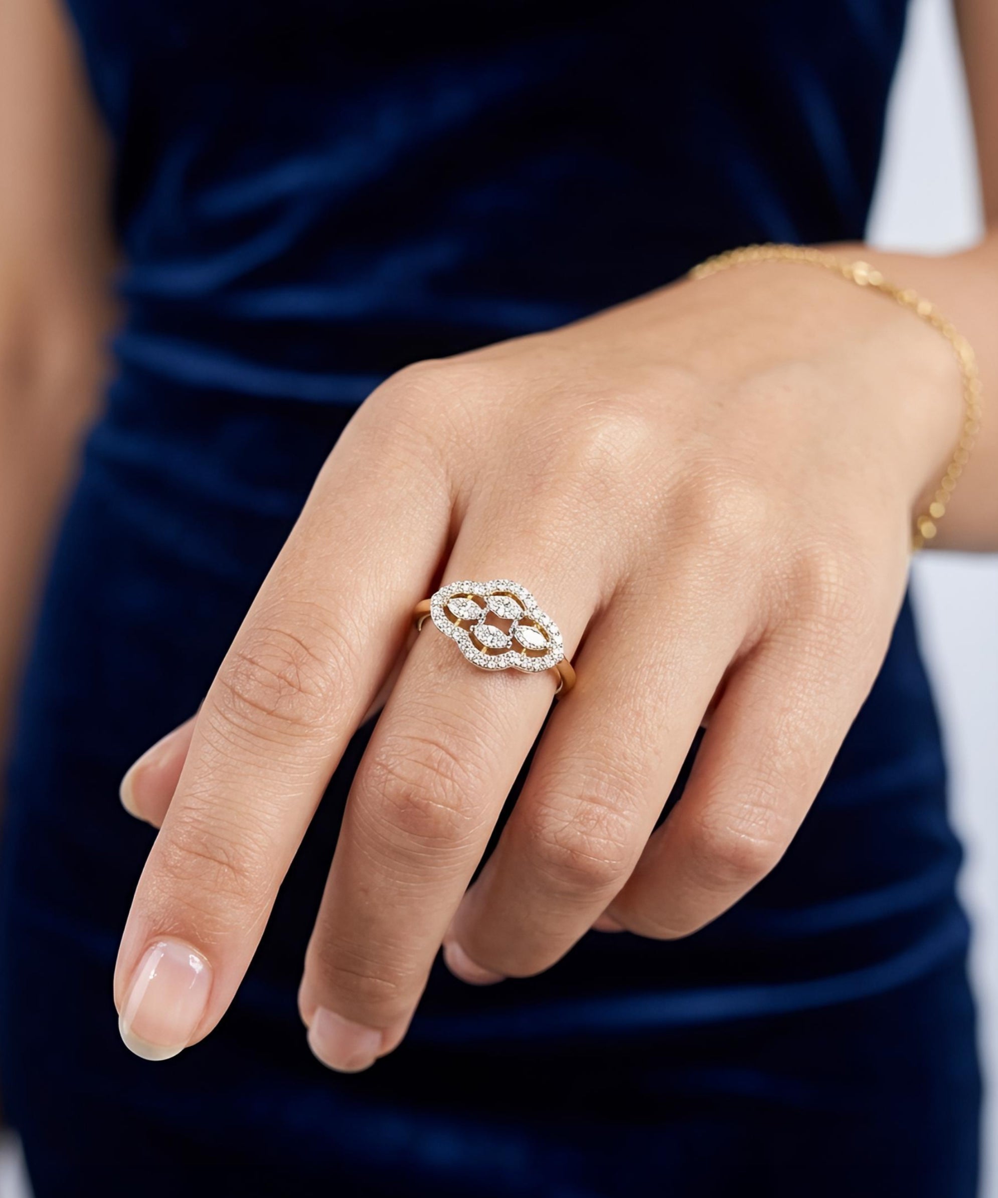Side view of Maven Lace Round Lab Diamond Designer Ring in 14K Yellow Gold - Fiona Diamonds
