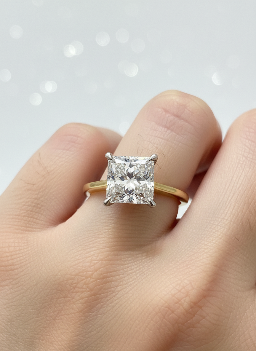 Side profile of Aevyn Haze Princess Lab Diamond Classic Solitaire Ring in 18K Yellow Gold Fiona Diamonds