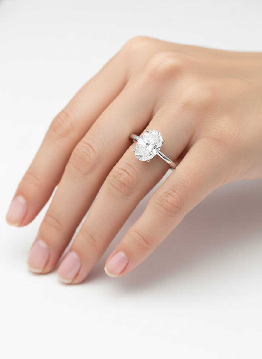 Side profile of Haven Rift Oval Lab Diamond Classic Solitaire Ring in 18K White Gold Fiona Diamonds