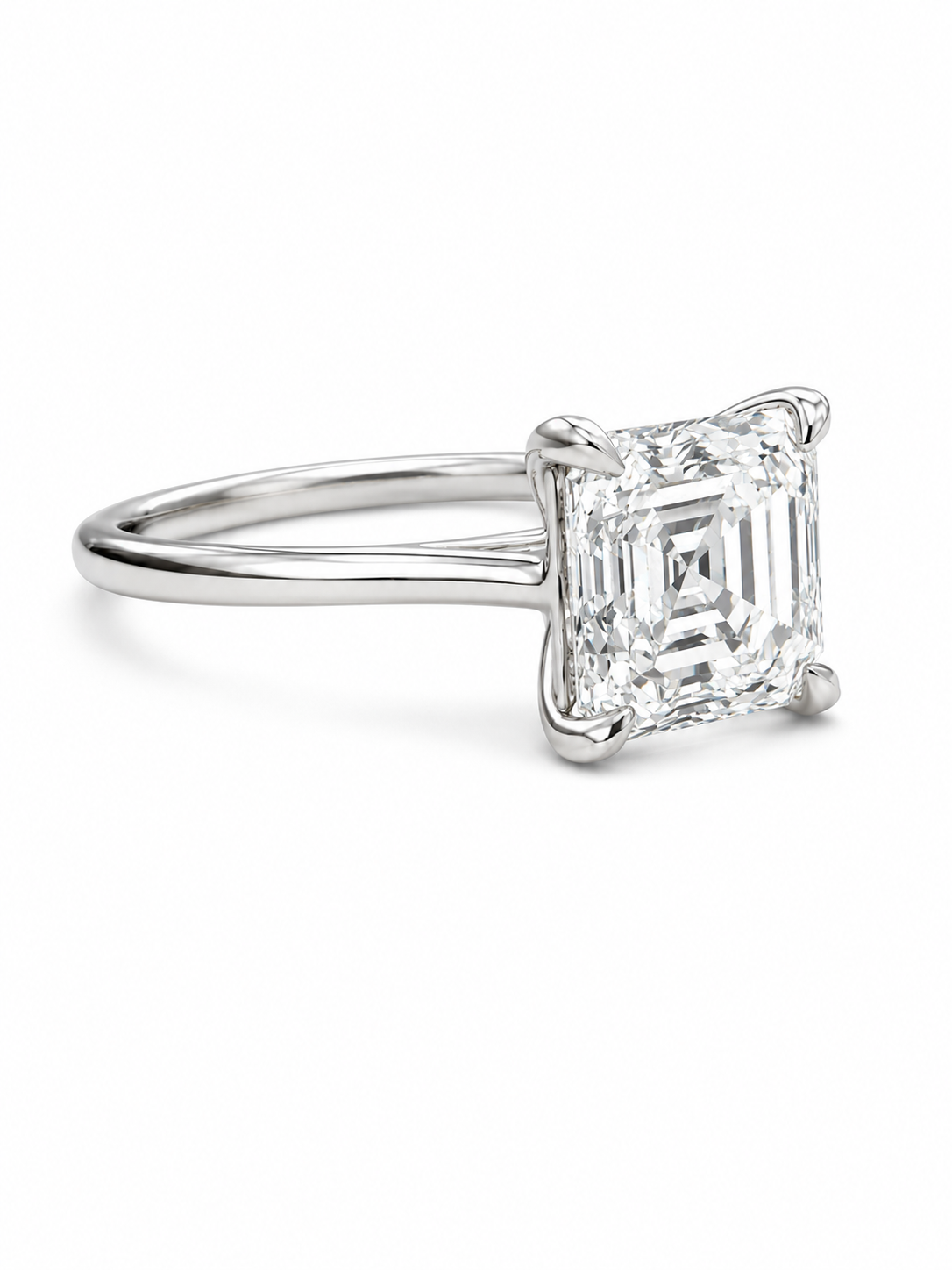 Close-up of Cavryn Drift Asscher Lab Diamond Classic Solitaire Ring set in 18K White Gold by Fiona Diamonds