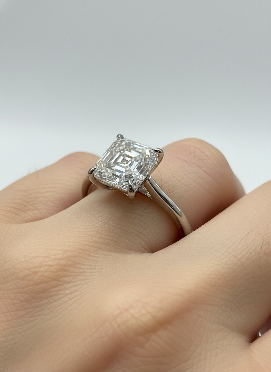 Side profile of Cavryn Drift Asscher Lab Diamond Classic Solitaire Ring in 18K White Gold Fiona Diamonds