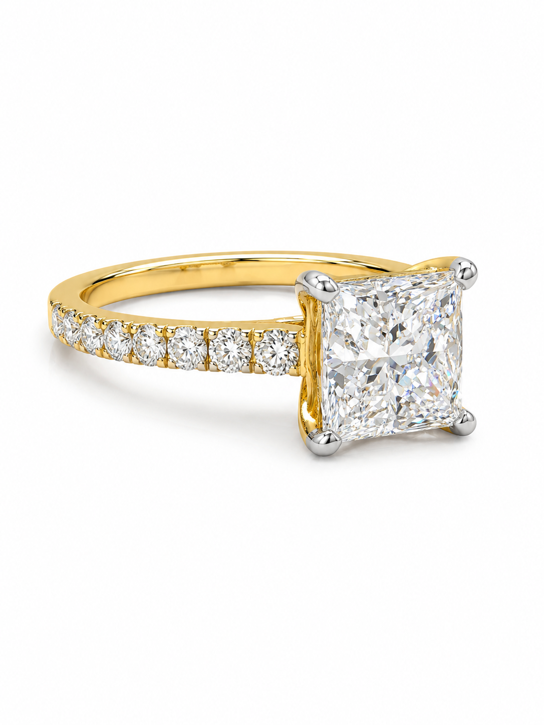 Close-up of Orvyn Veil Square Lab Diamond Side Stone Solitaire Ring set in 18K Yellow Gold by Fiona Diamonds