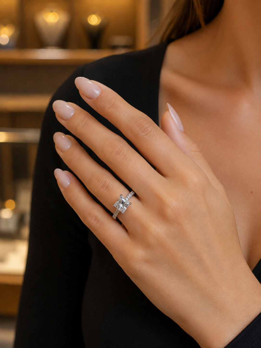 Side view of Orvyn Veil Square Lab Diamond Side Stone Solitaire Ring in 18K Yellow Gold  Fiona Diamonds