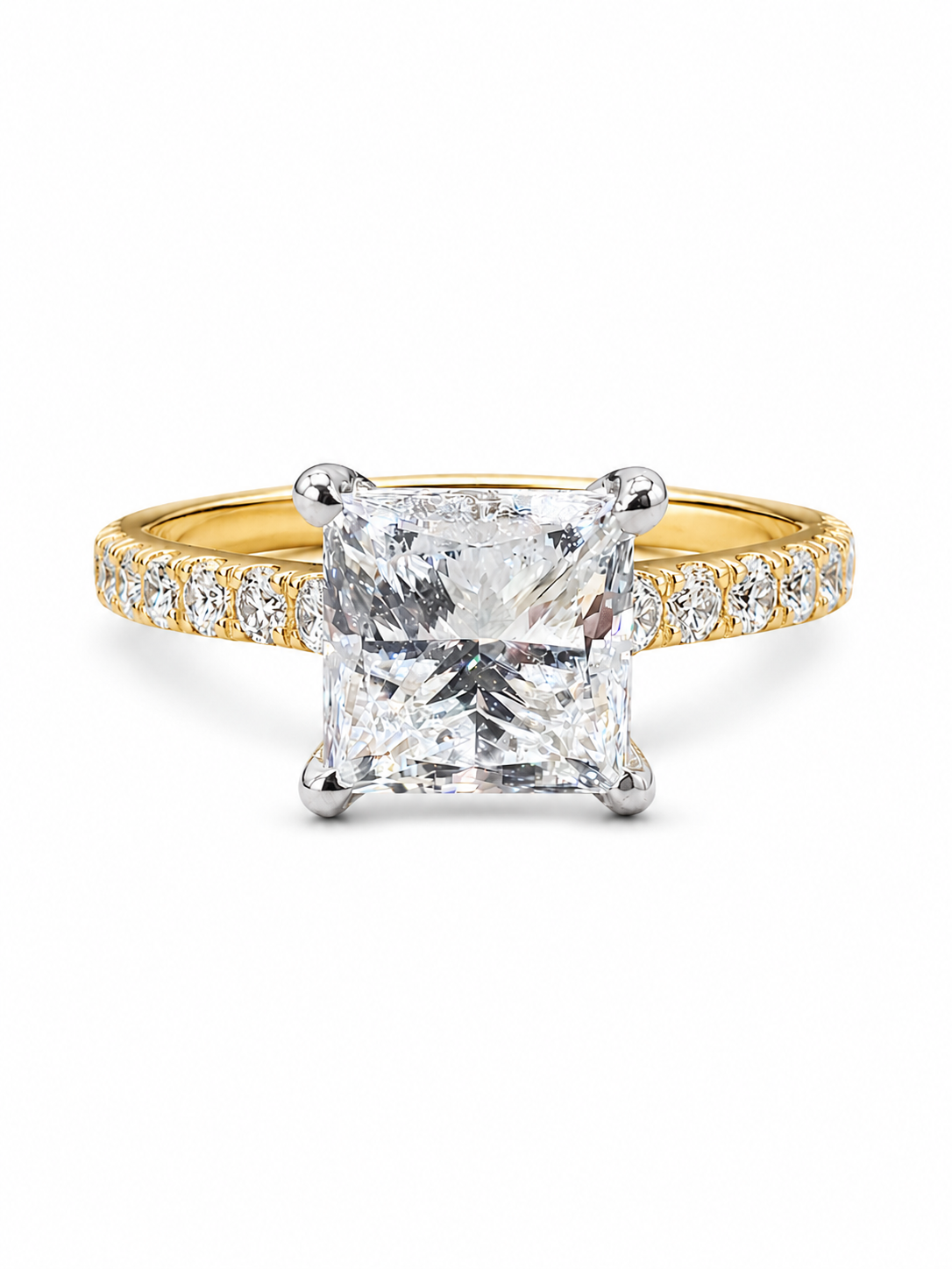 Orvyn Veil Square Lab Diamond Side Stone Solitaire Ring in 18K Yellow Gold by Fiona Diamonds