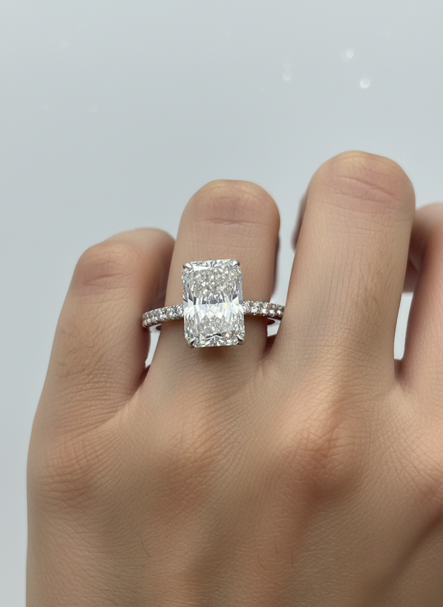 Side view of Zenith Band Round Lab Diamond Side Stone Solitaire Ring in 18K White Gold  Fiona Diamonds