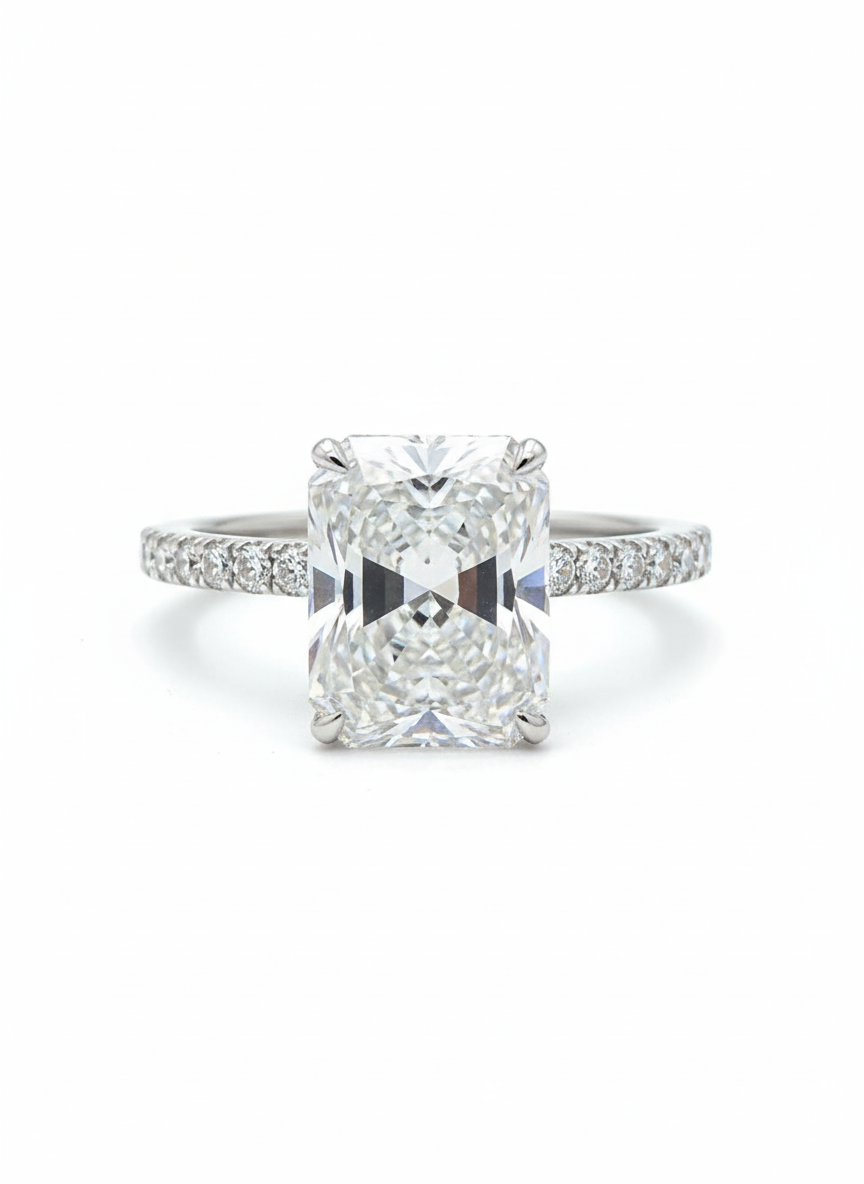 Zenith Band Round Lab Diamond Side Stone Solitaire Ring in 18K White Gold by Fiona Diamonds
