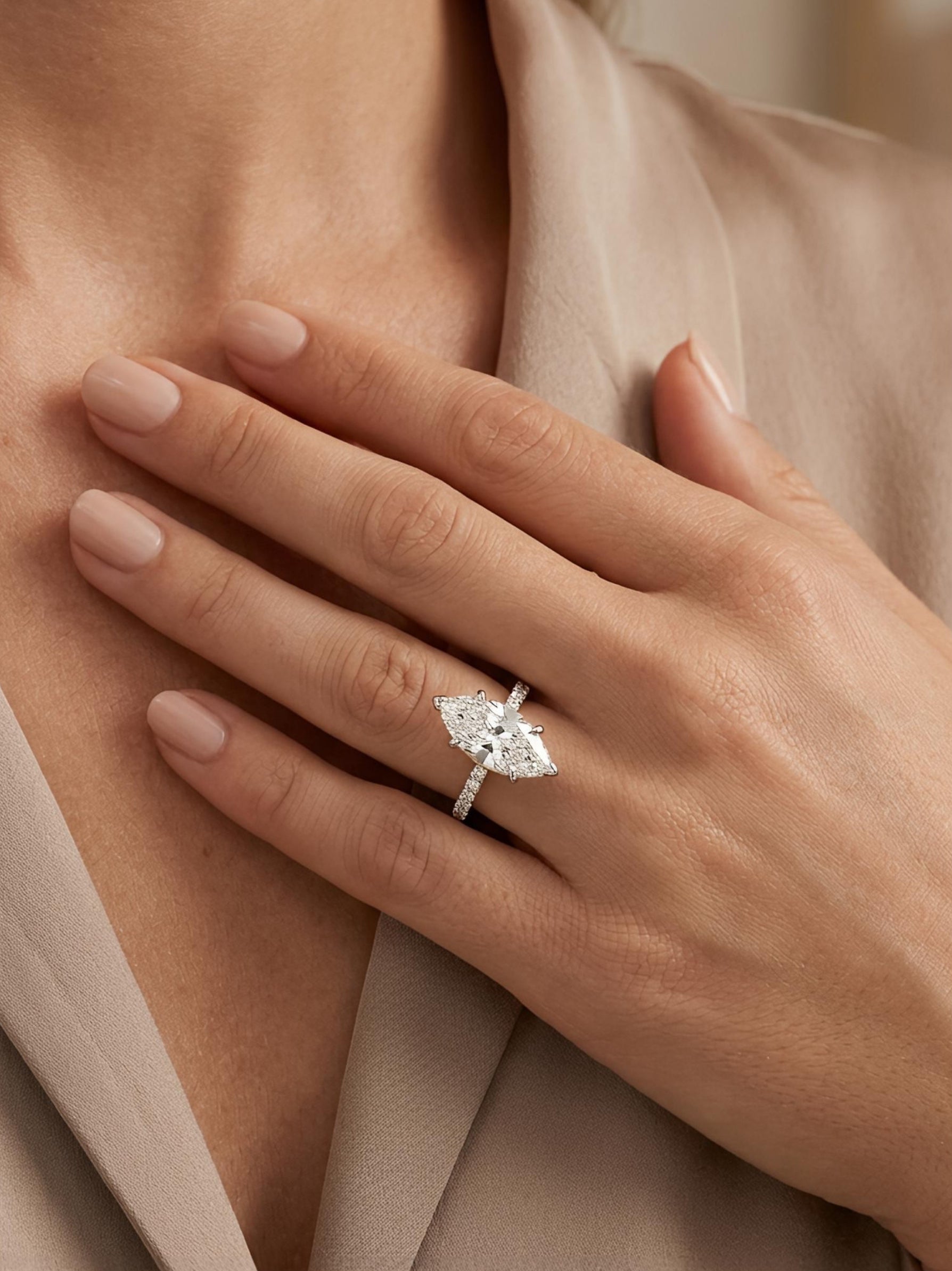 Side profile of Piren Drift Marquise Lab Diamond Classic Solitaire Ring in 14K Yellow Gold Fiona Diamonds