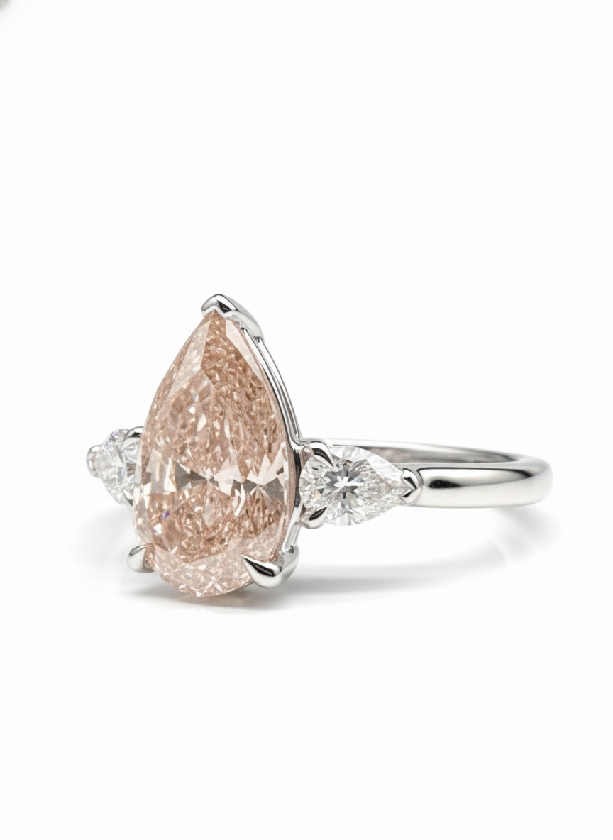 Majesty 2.5ct Pear Lab Diamond Three Stone Ring in 14K White Gold by Fiona Diamonds