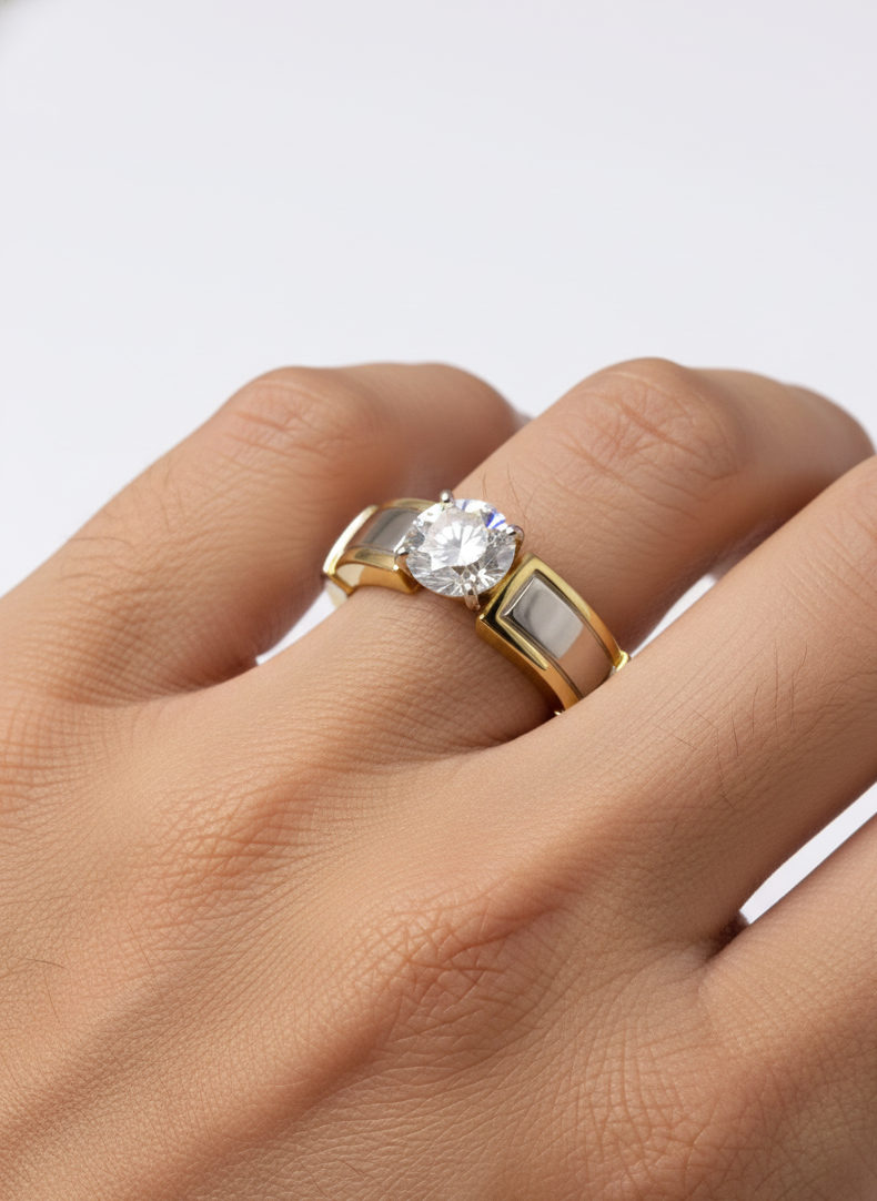 Top view of 1ct Round Blush Ember Round Lab Diamond Classic Solitaire Ring in 14K Yellow Gold Fiona Diamonds
