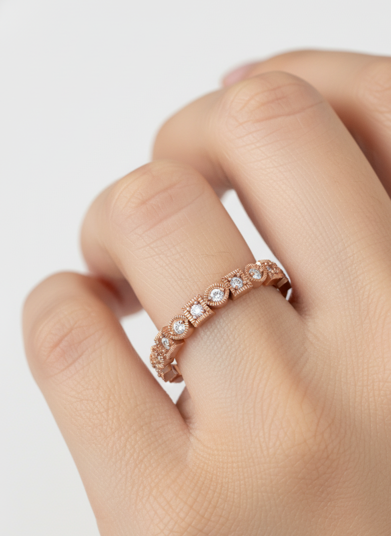 Close-up of Half Eternity Round Lab Diamond Eternity Ring set in 14K Yellow Gold by Fiona Diamonds