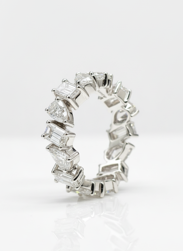Close-up of Sapphire Emerald Lab Diamond Eternity Ring set in 14K White Gold by Fiona Diamonds