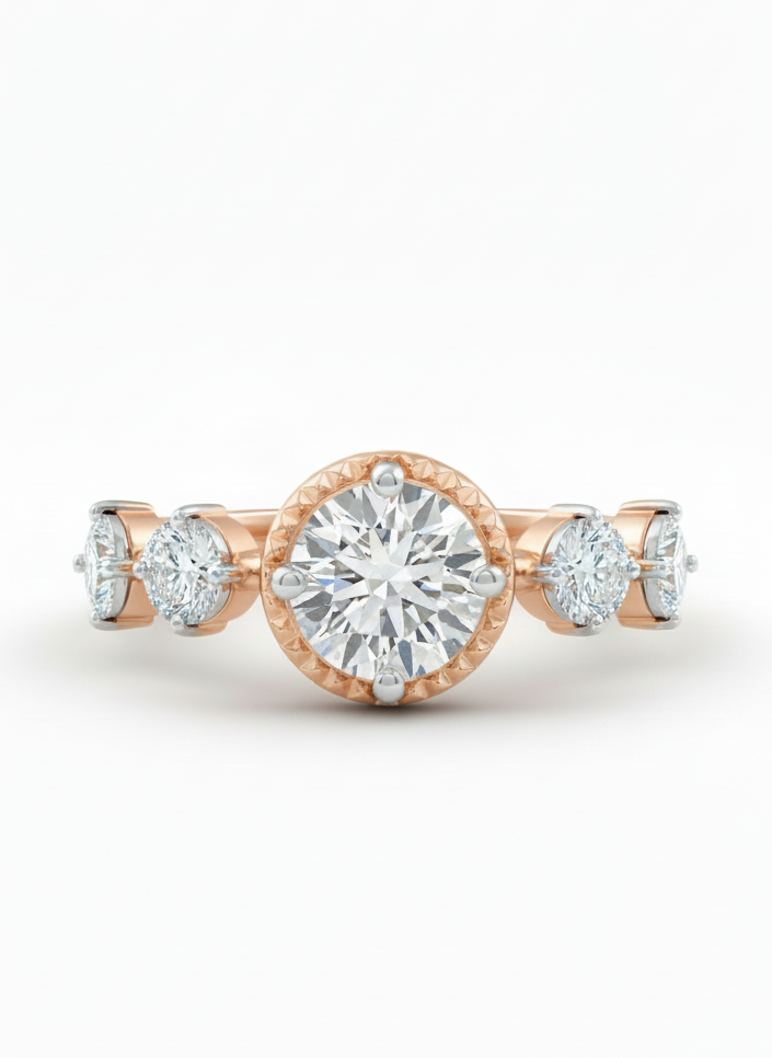 Xiaomei 1ct Round Lab Diamond Side Stone Solitaire Ring in 14K Rose Gold by Fiona Diamonds