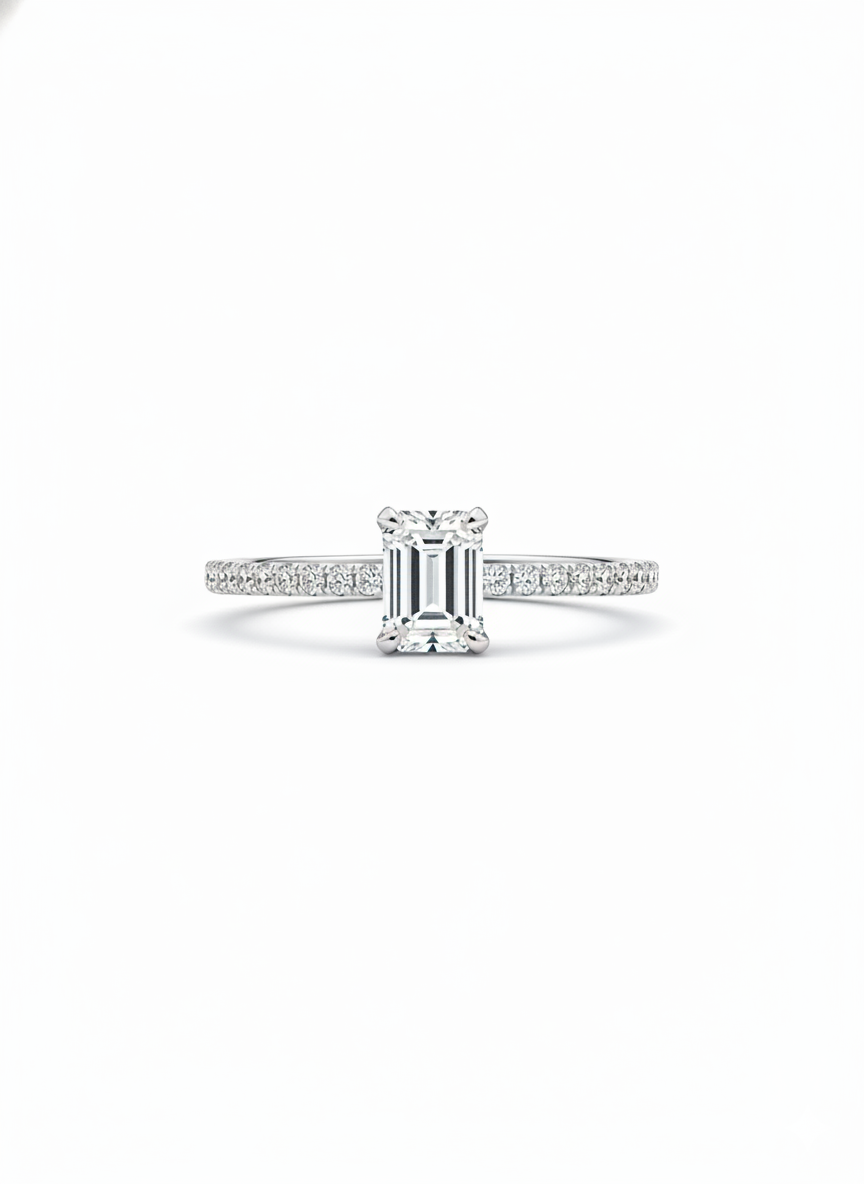 QuantaPulse 50 Pointer Lab Grown Diamond Ring - Radiant & Elegant Emerald Lab Diamond Side Stone Solitaire Ring in 18K Rose Gold by Fiona Diamonds