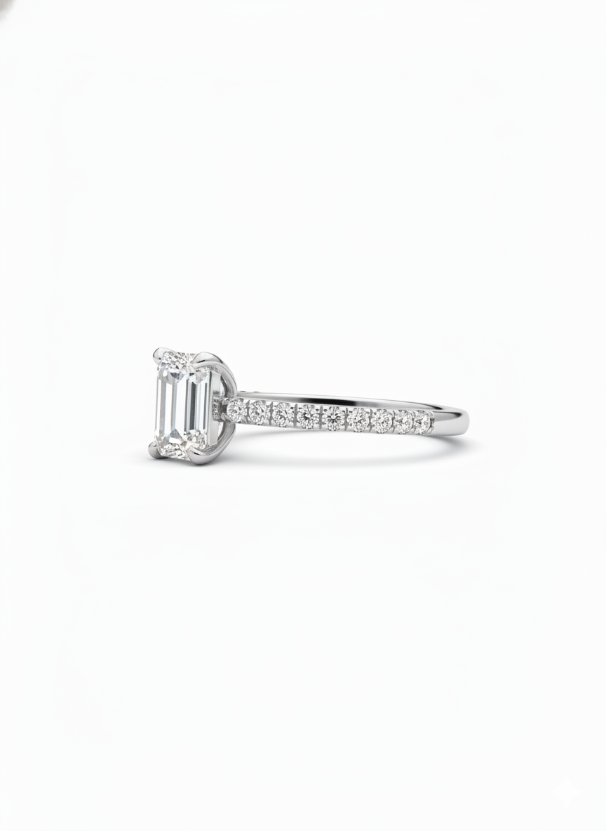 Side view of QuantaPulse 50 Pointer Lab Grown Diamond Ring - Radiant & Elegant Emerald Lab Diamond Side Stone Solitaire Ring in 18K Rose Gold  Fiona Diamonds