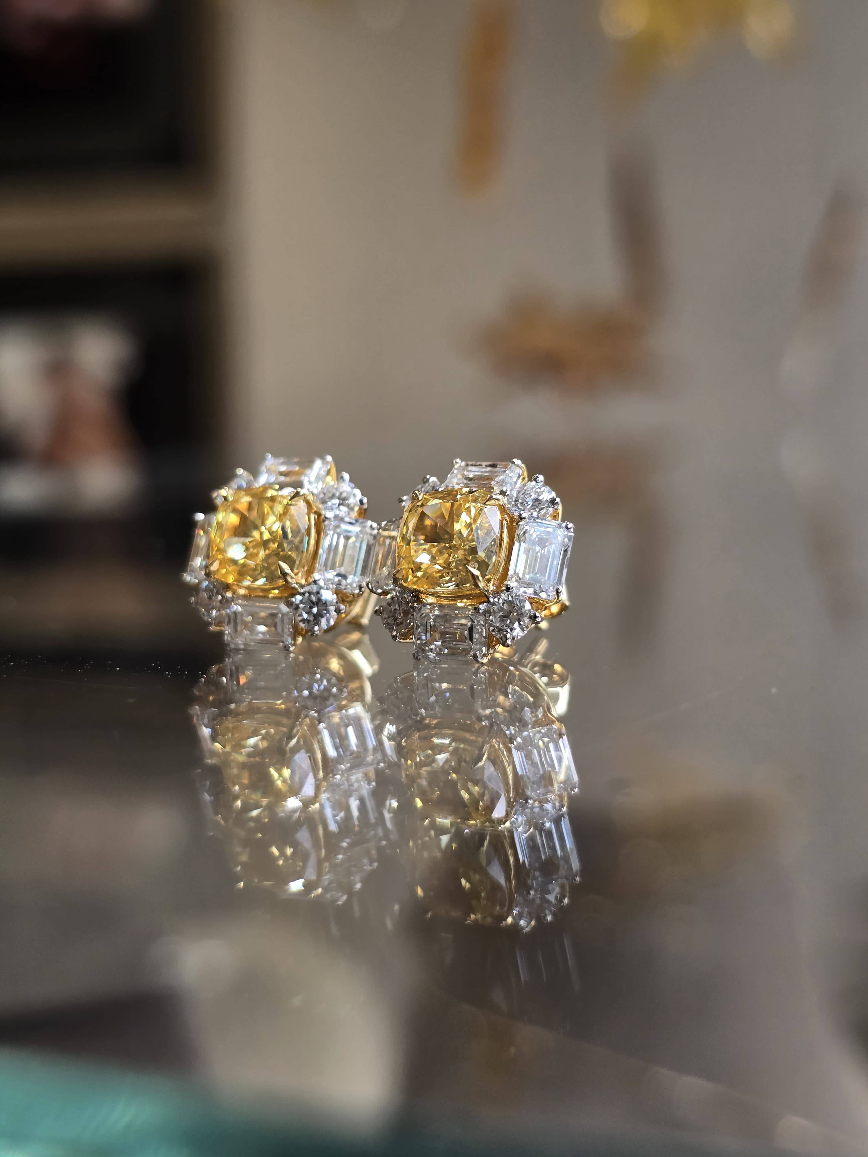 Fiona Diamonds 3.5ct Cushion Evangeline Cushion Lab Diamond Halo Earrings in 18K Yellow Gold - worn look