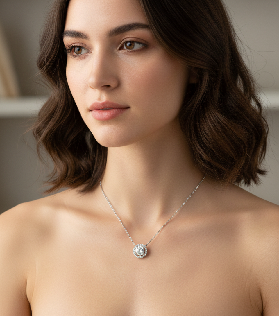 Side view of Majesty 50 Pointer Round Lab Diamond Halo Pendant in 18K White Gold - Fiona Diamonds