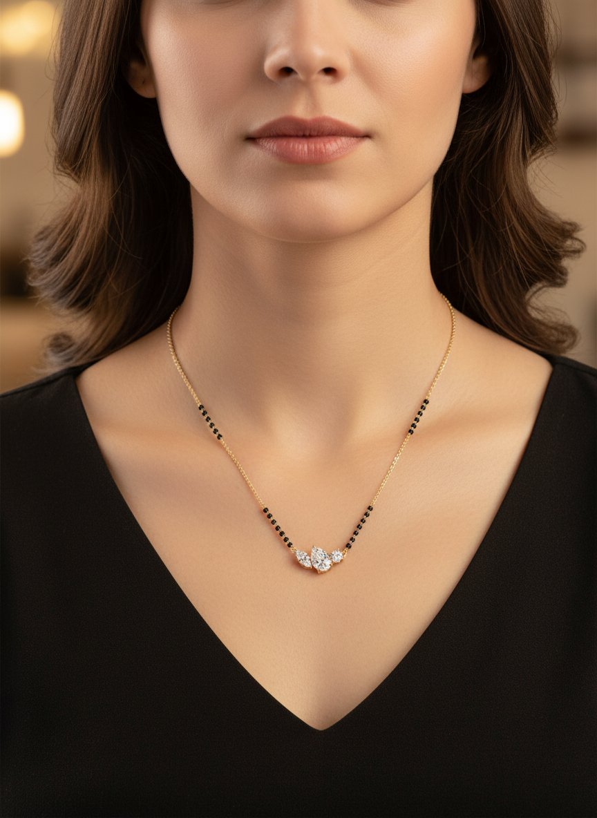 Side view of Hollow Trace Pear Lab Diamond Mangalsutra in 18K Yellow Gold - Fiona Diamonds