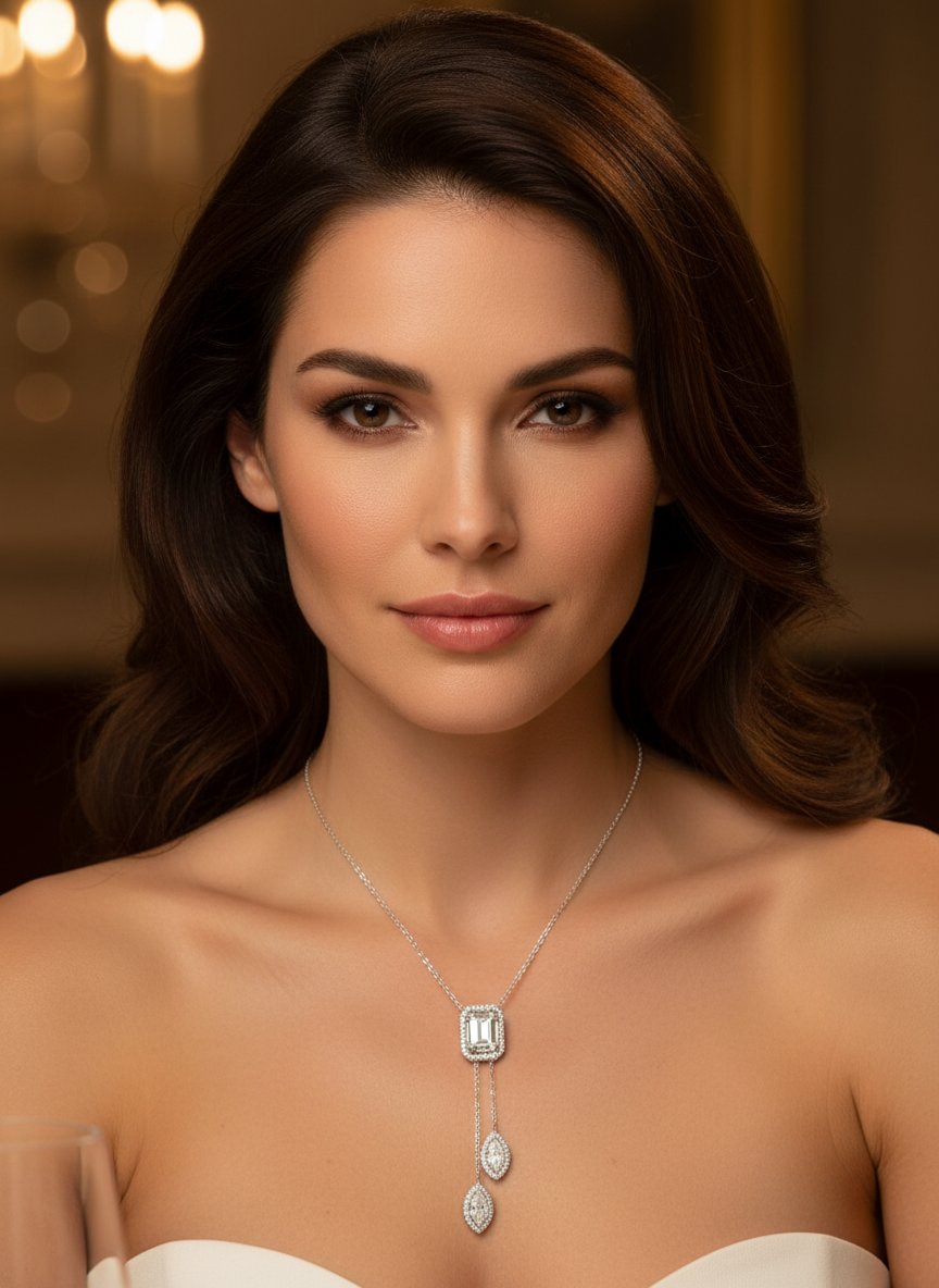 Side view of Secret Halo Emerald Lab Diamond Chain Necklace in 18K White Gold - Fiona Diamonds