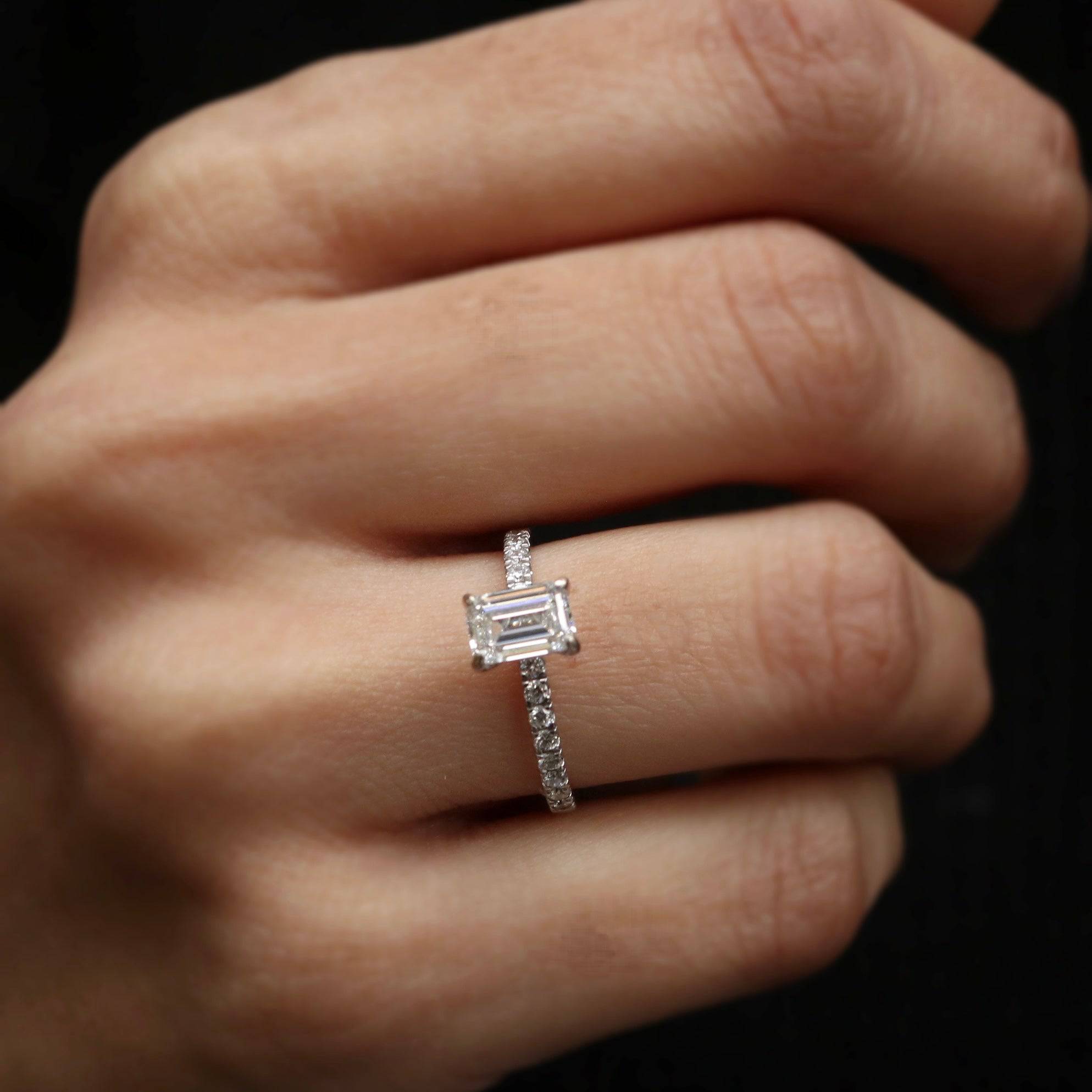 Fiona Diamonds QuantaPulse 50 Pointer Lab Grown Diamond Ring - Radiant & Elegant Emerald Lab Diamond Side Stone Solitaire Ring in 18K Rose Gold on hand