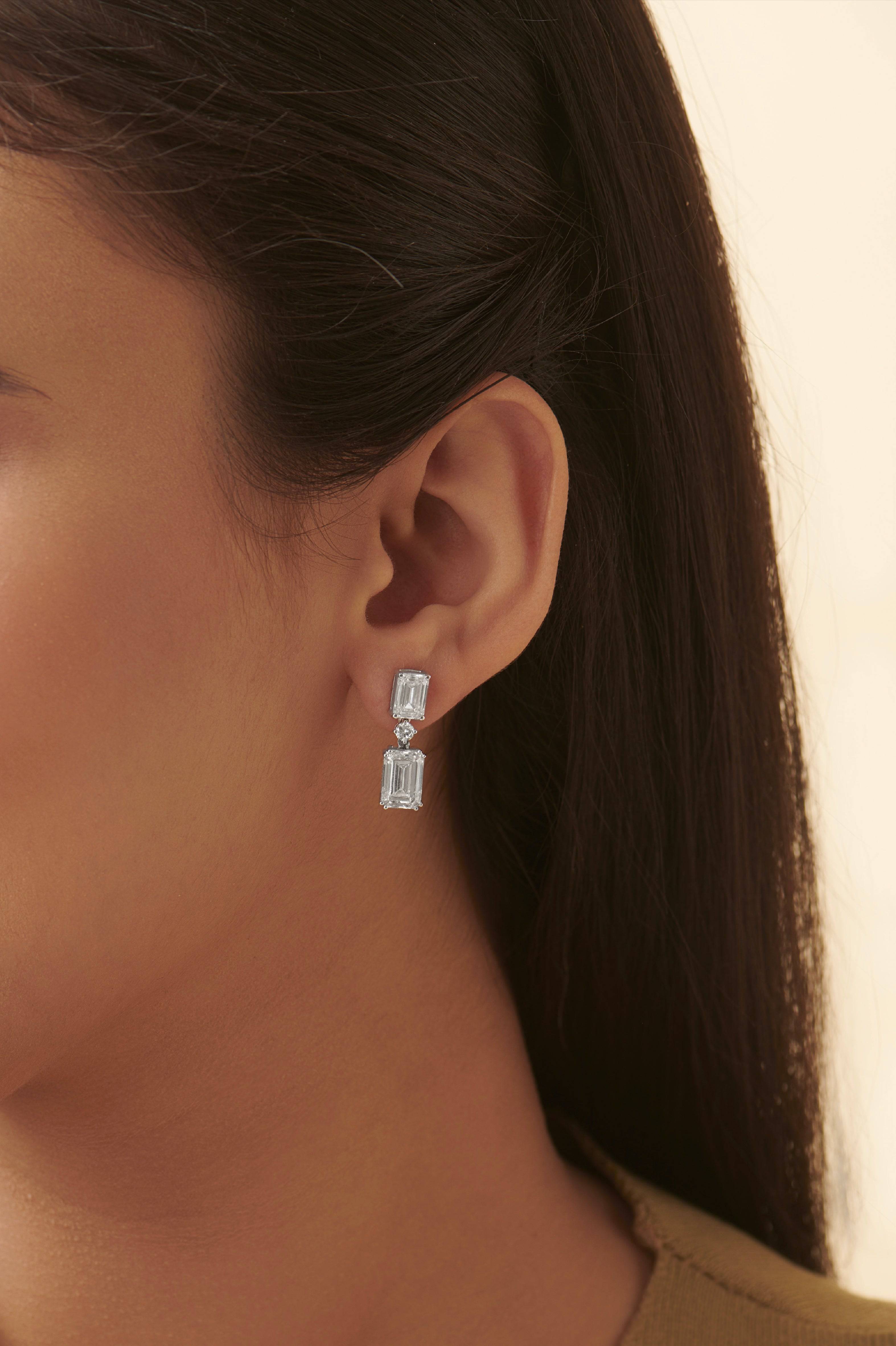 Top view of Miguel Emerald Lab Diamond Drop Earrings in 14K White Gold - Fiona Diamonds