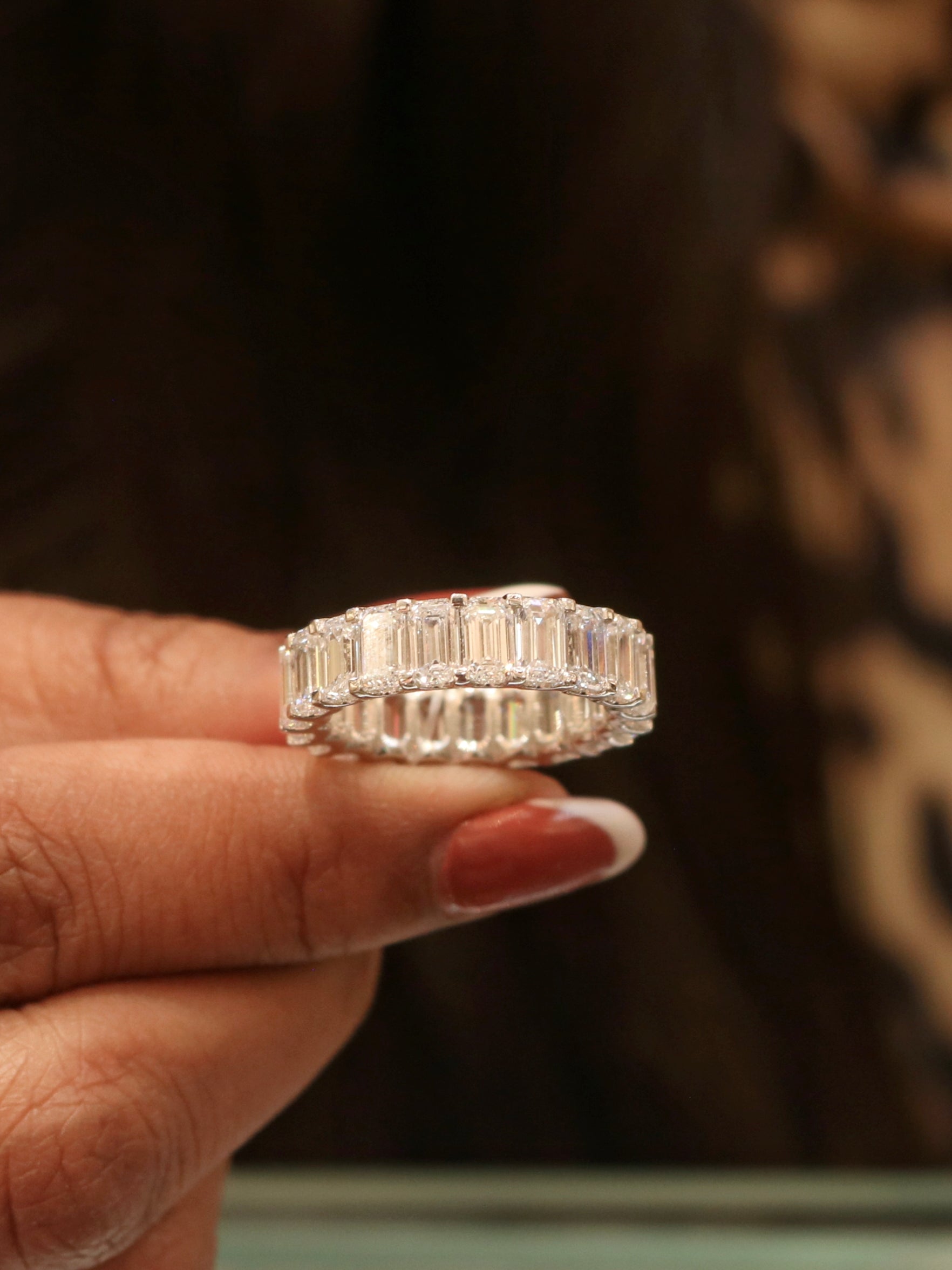Close-up of Glycianne Emerald Lab Diamond Eternity Ring set in 14K White Gold by Fiona Diamonds