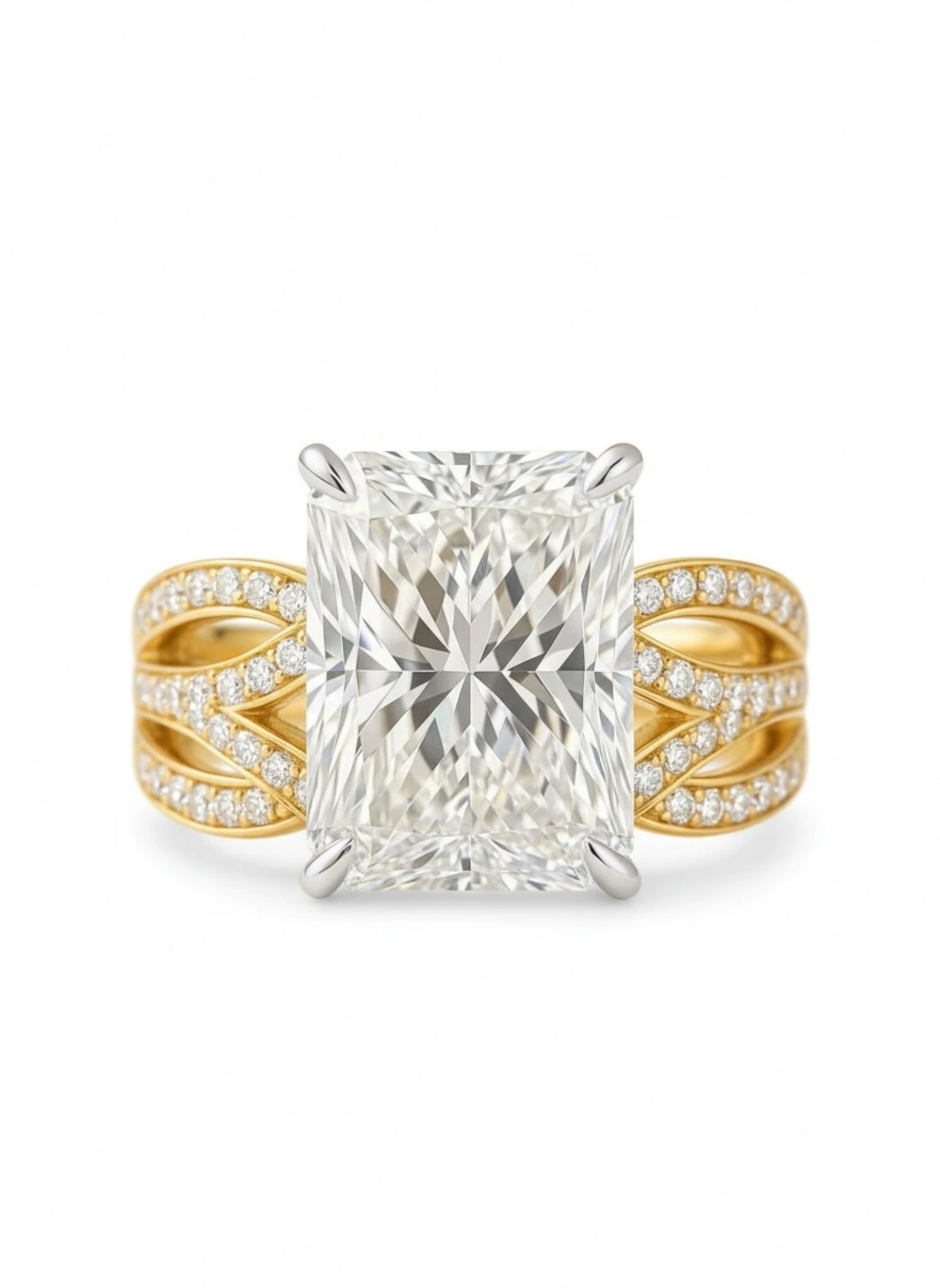 Thalya 8.8ct Whisper Emerald Lab Diamond Side Stone Solitaire Ring in 18K Yellow Gold by Fiona Diamonds